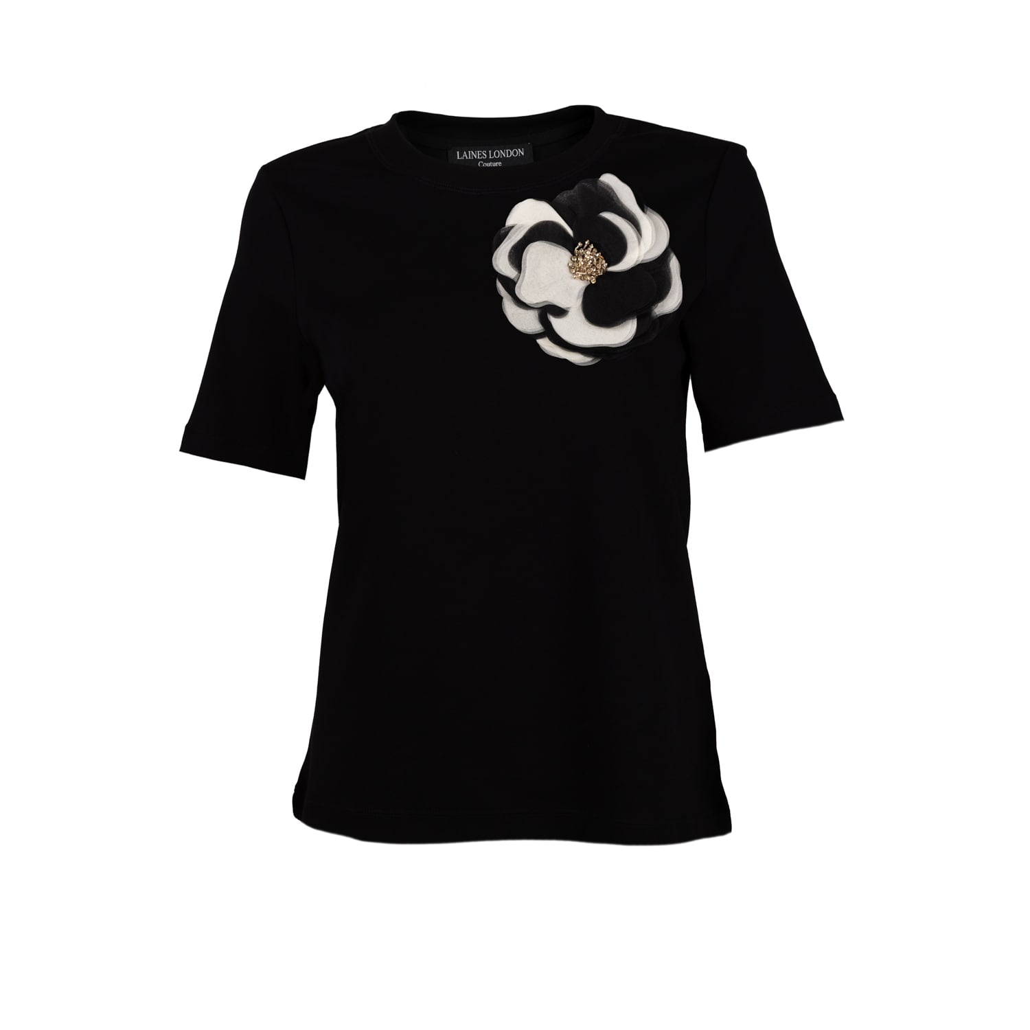 Laines London Women's Laines Couture Embellished Black & Cream Organza Corsage Brooch T-shirt - Black