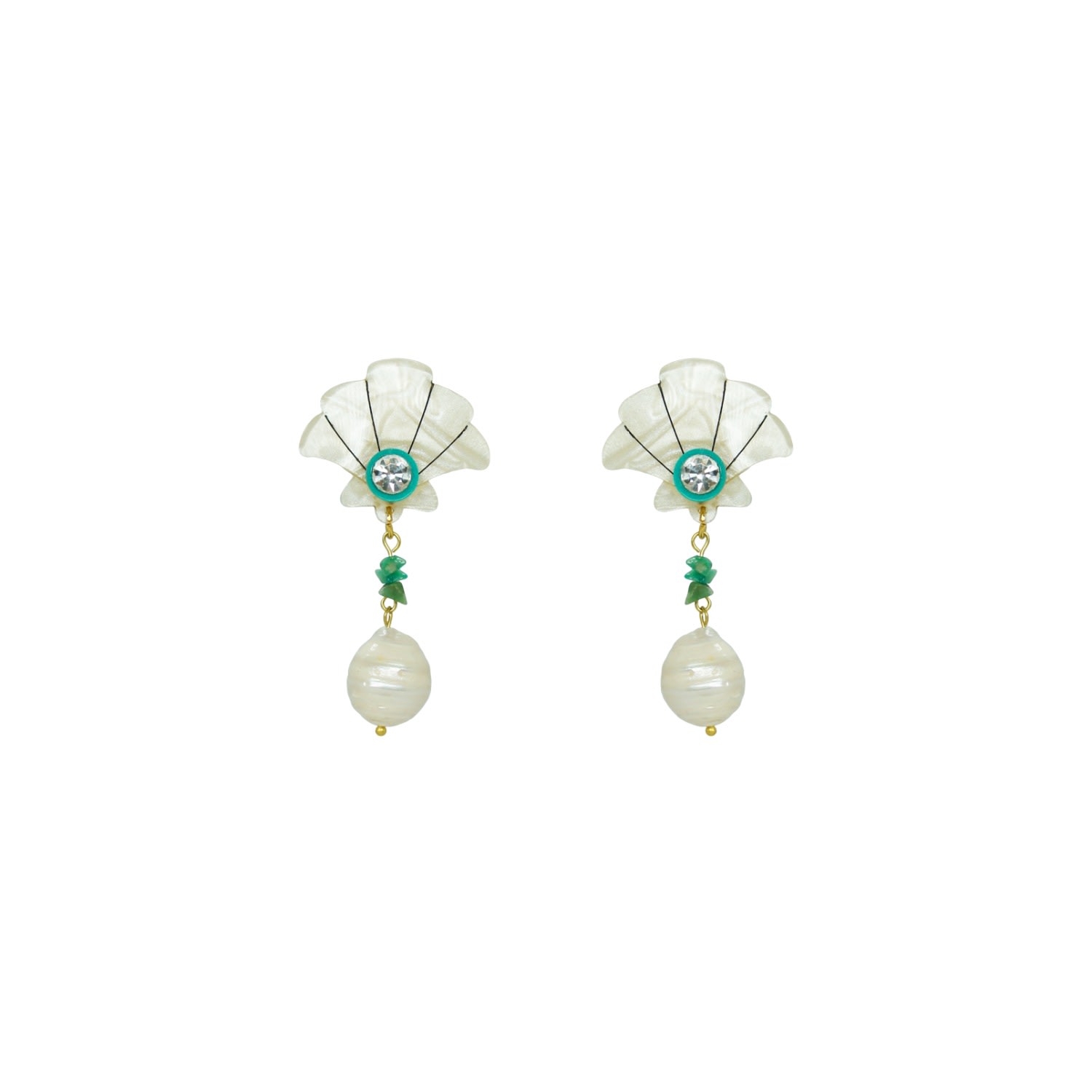 Gissa Bicalho Women's Neutrals / Green Acrylic Handmade Earring Shell And Pearl Pendant Turquoise Green In White