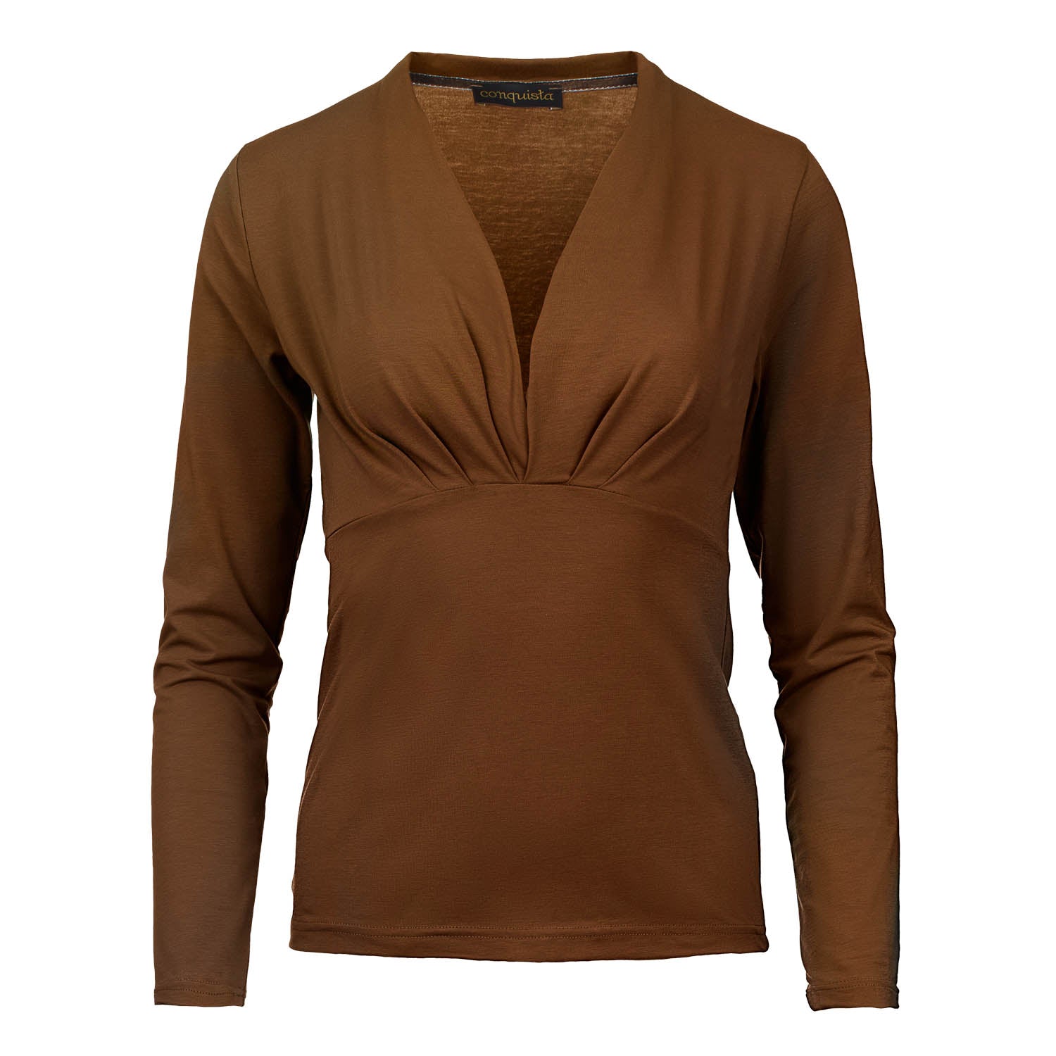 Conquista Women's Brown Long Sleeve Chocolate Faux Wrap Top In Stretch Jersey Sustainable Fabric In Brown