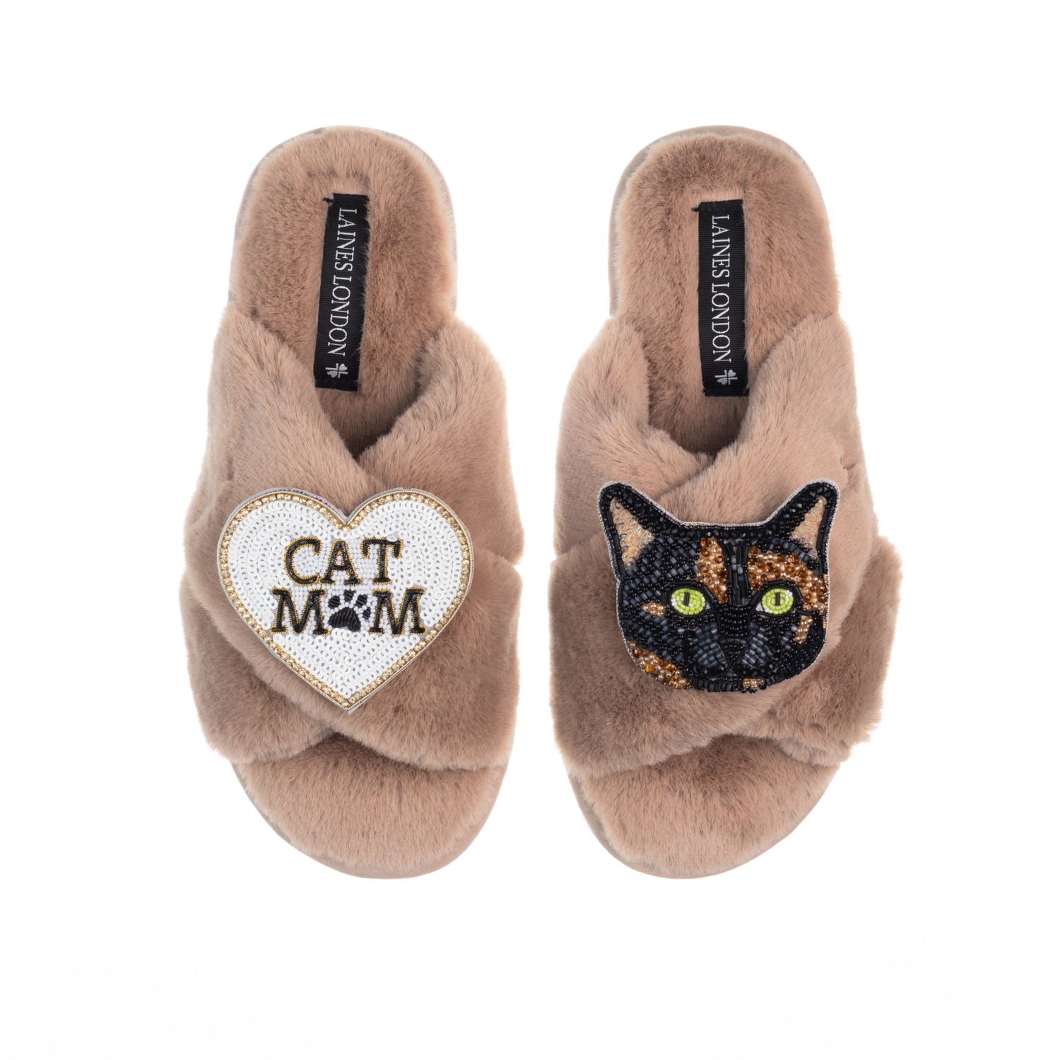 Laines London Women's Brown Classic Laines Slippers With Cat Mum/mom & Misty Cat Brooches - Toffee In Brown