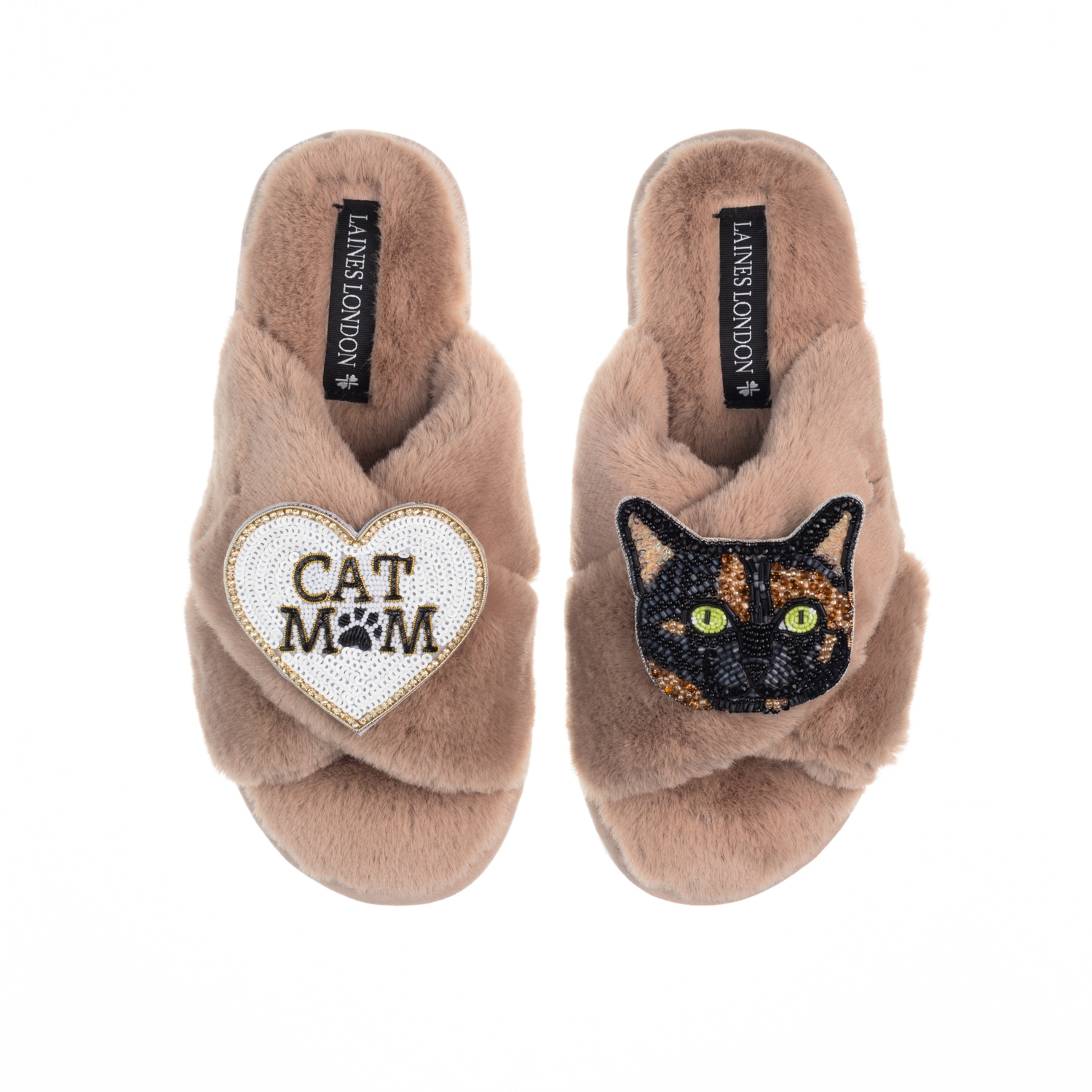 Women’s Brown Classic Laines Slippers With Cat Mum/Mom & Misty Cat Brooches - Toffee Large Laines London