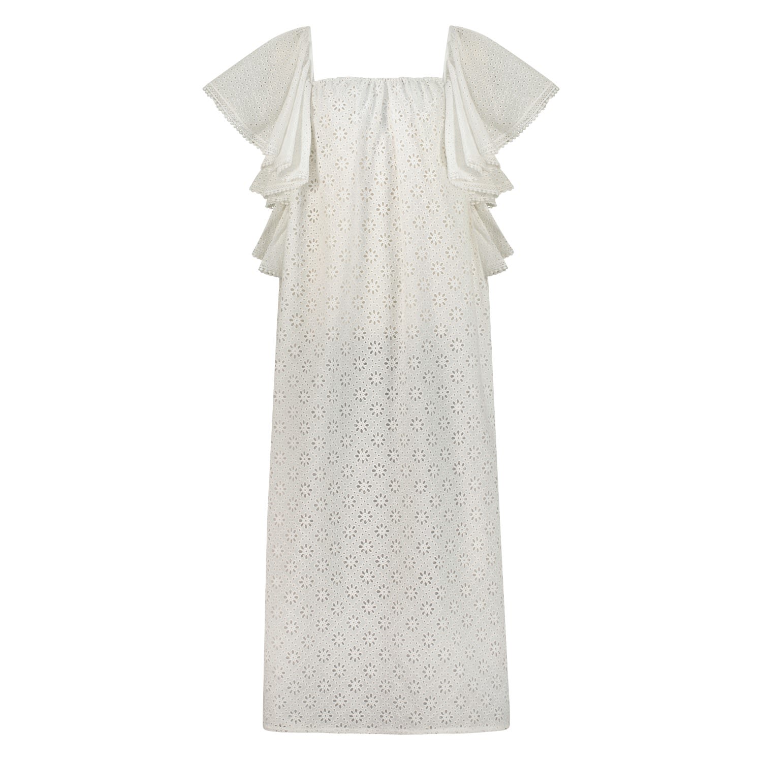 Women’s White Fleuri Eyelet Maxi Dress With Flared Sleeve -Floral Eyelet One Size Azzalia