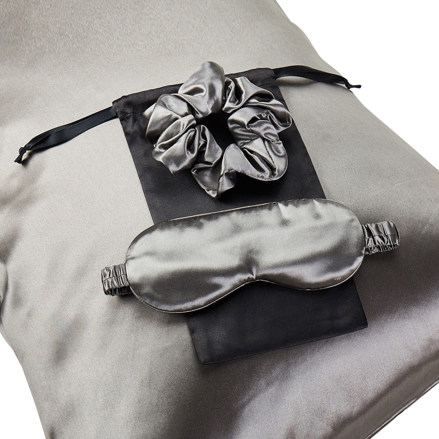 Gift Set: Grey Pure Mulberry Silk Pillowcase, Eye Mask And Scrunchies Queen Size Us Queen Soft Strokes Silk