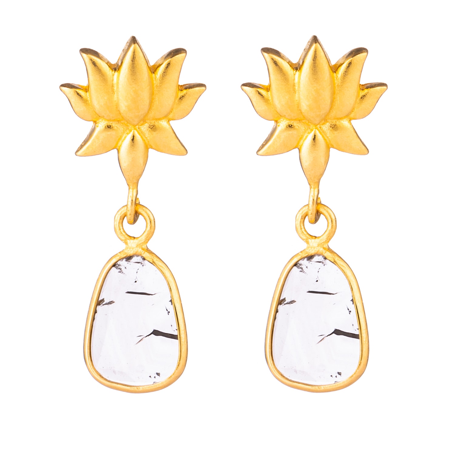 Sohavi Women's Gold Celestial Salt & Pepper Diamond Slice Earrings With Lotus Flower