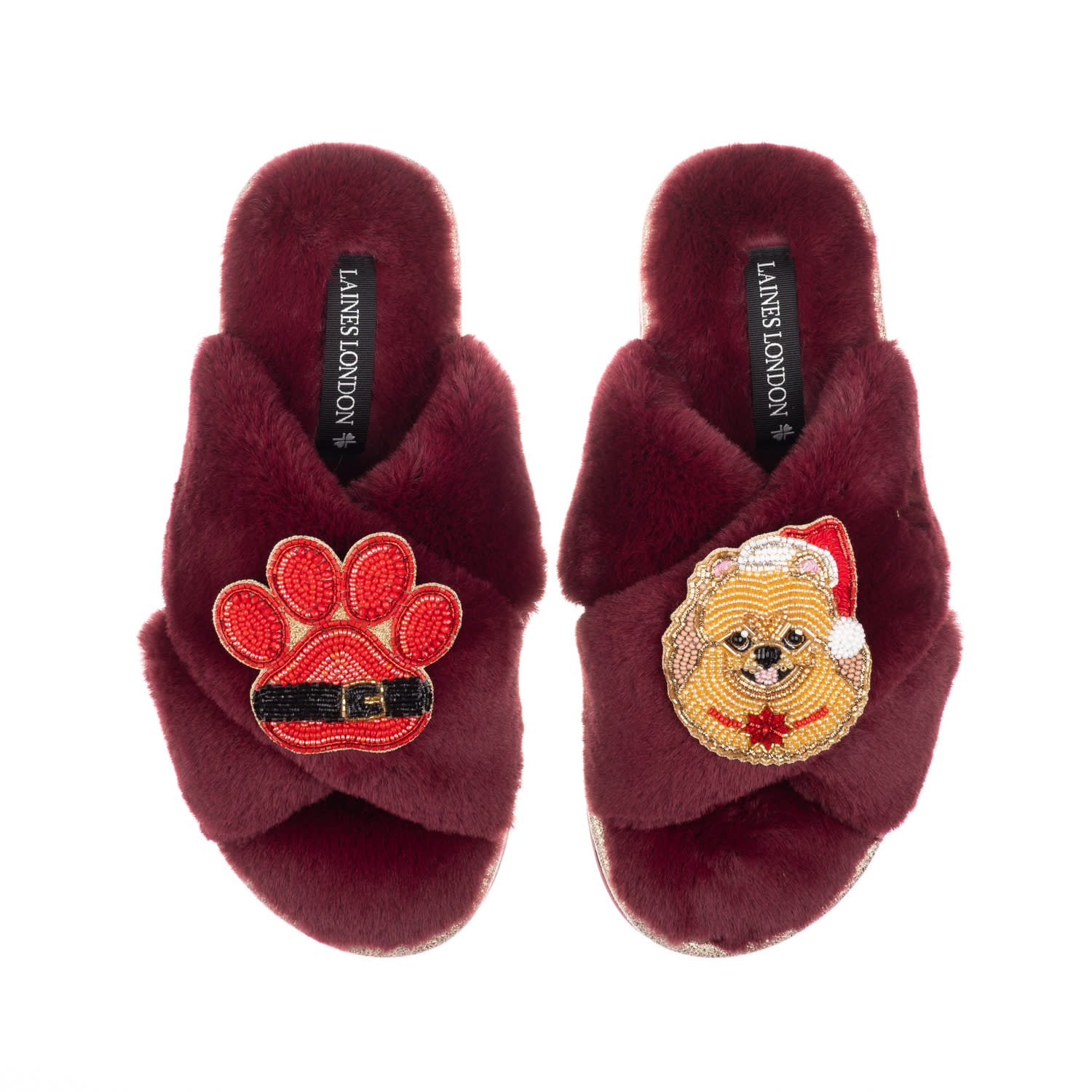 Laines London Women's Red Classic Laines Slippers With Christmas Pomeranian & Paw Brooches - Limited Edition Burgu In Red