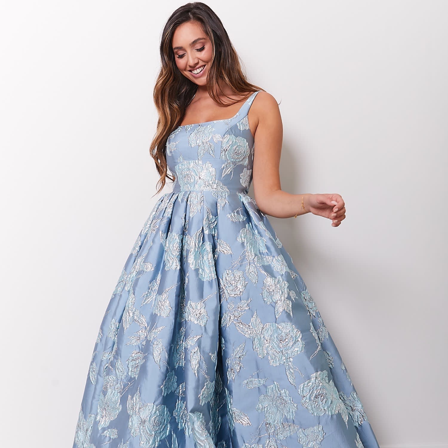 Marlowe Jacquard Floral Long Evening Dress In Blue by Dress 2 Party