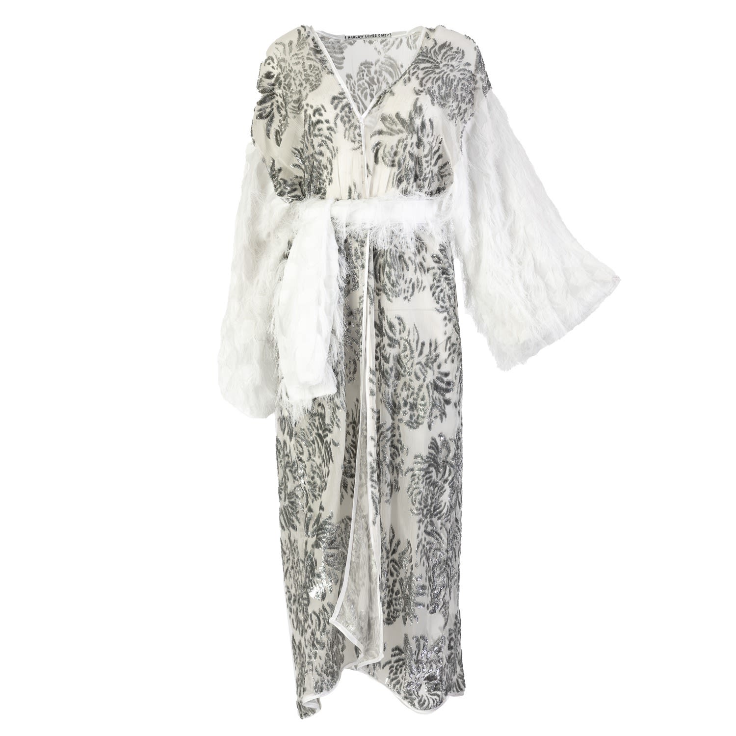 Women's White / Silver Trinity - Silver Fairy Dust Sequins On Silk Duster Robe With White Fringe | One Size | Harlow Loves Daisy