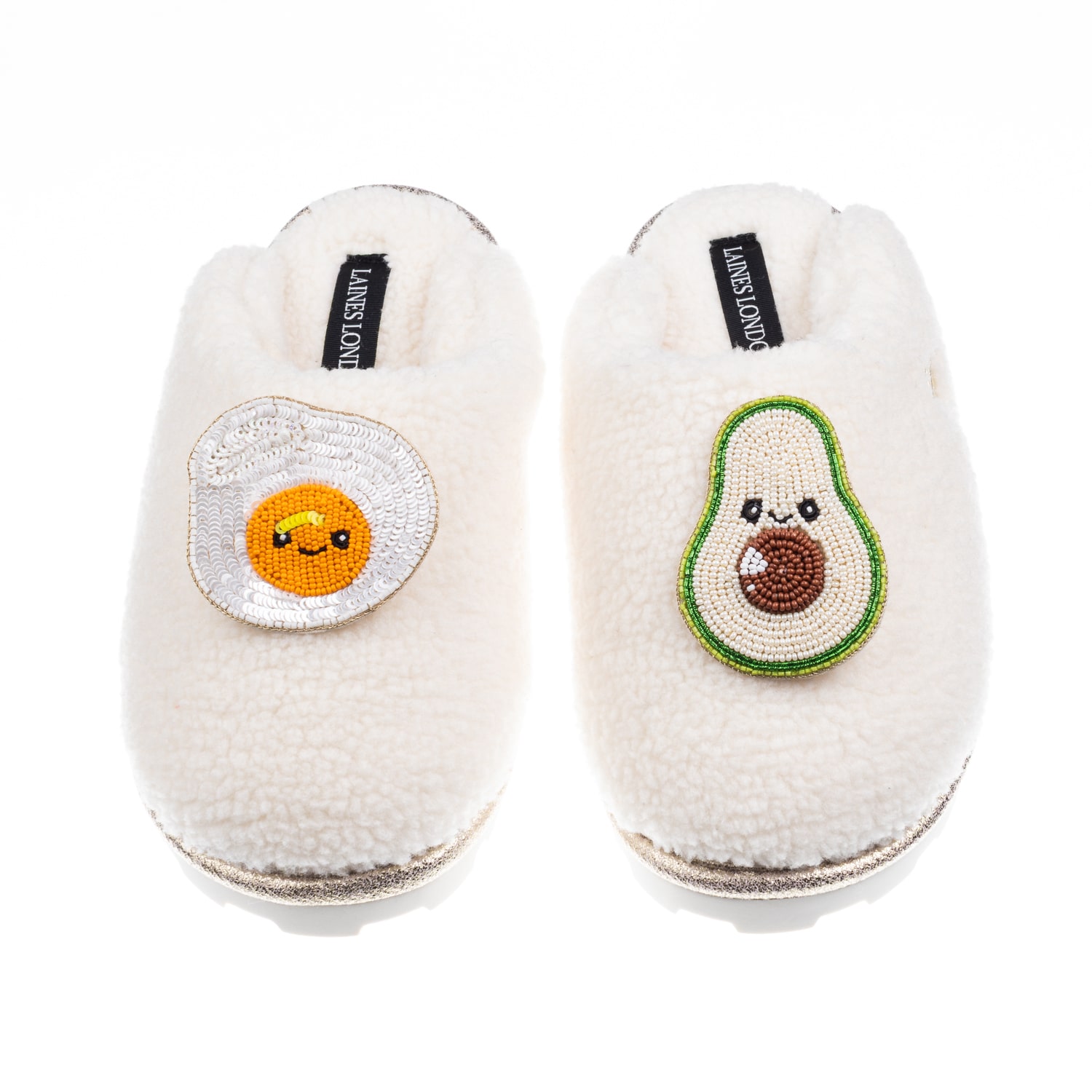 Laines London Women's Neutrals / White Teddy Closed Toe Slippers With Laines Lovables Egg & Avocado Brooches - Cre In White