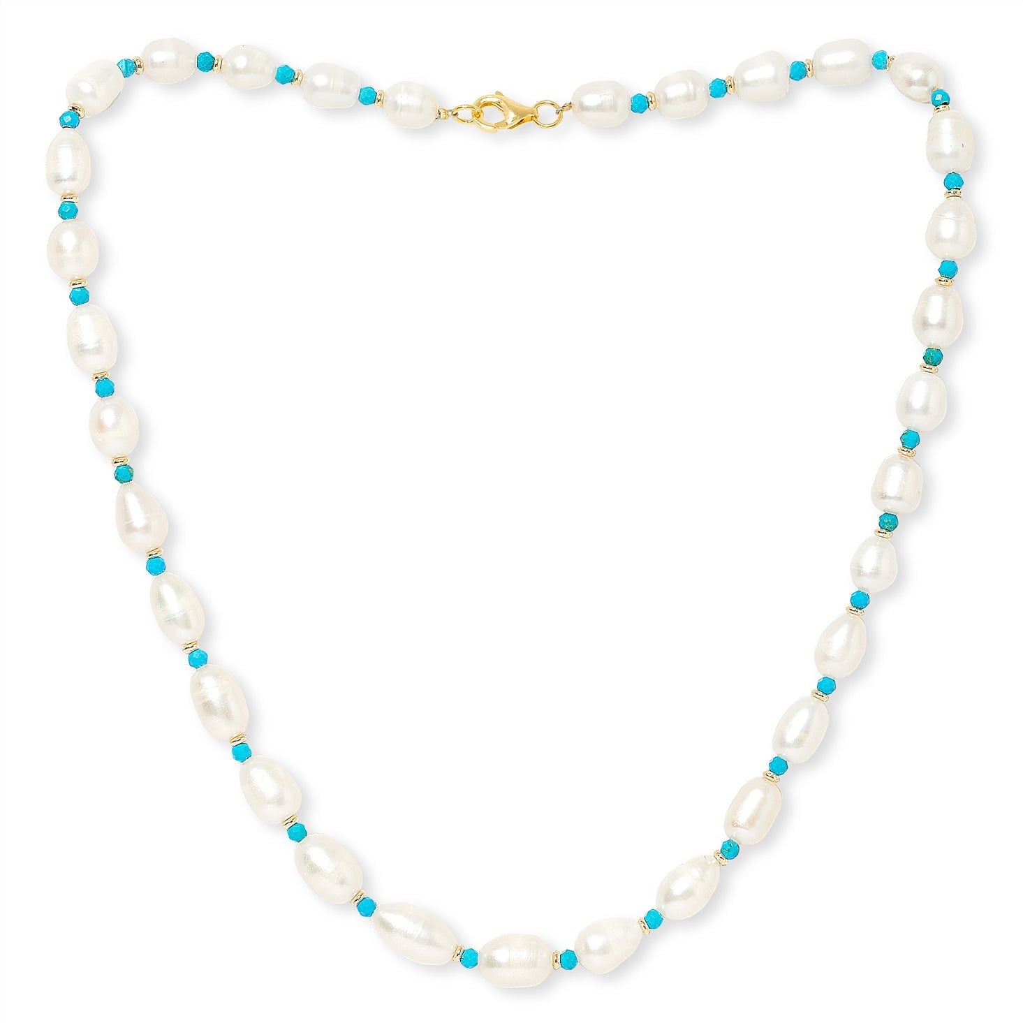 Pearls Of The Orient Online Women's White / Blue Nova Oval Baroque Cultured Freshwater Pearl Necklace With Turquoise & Gold Bead