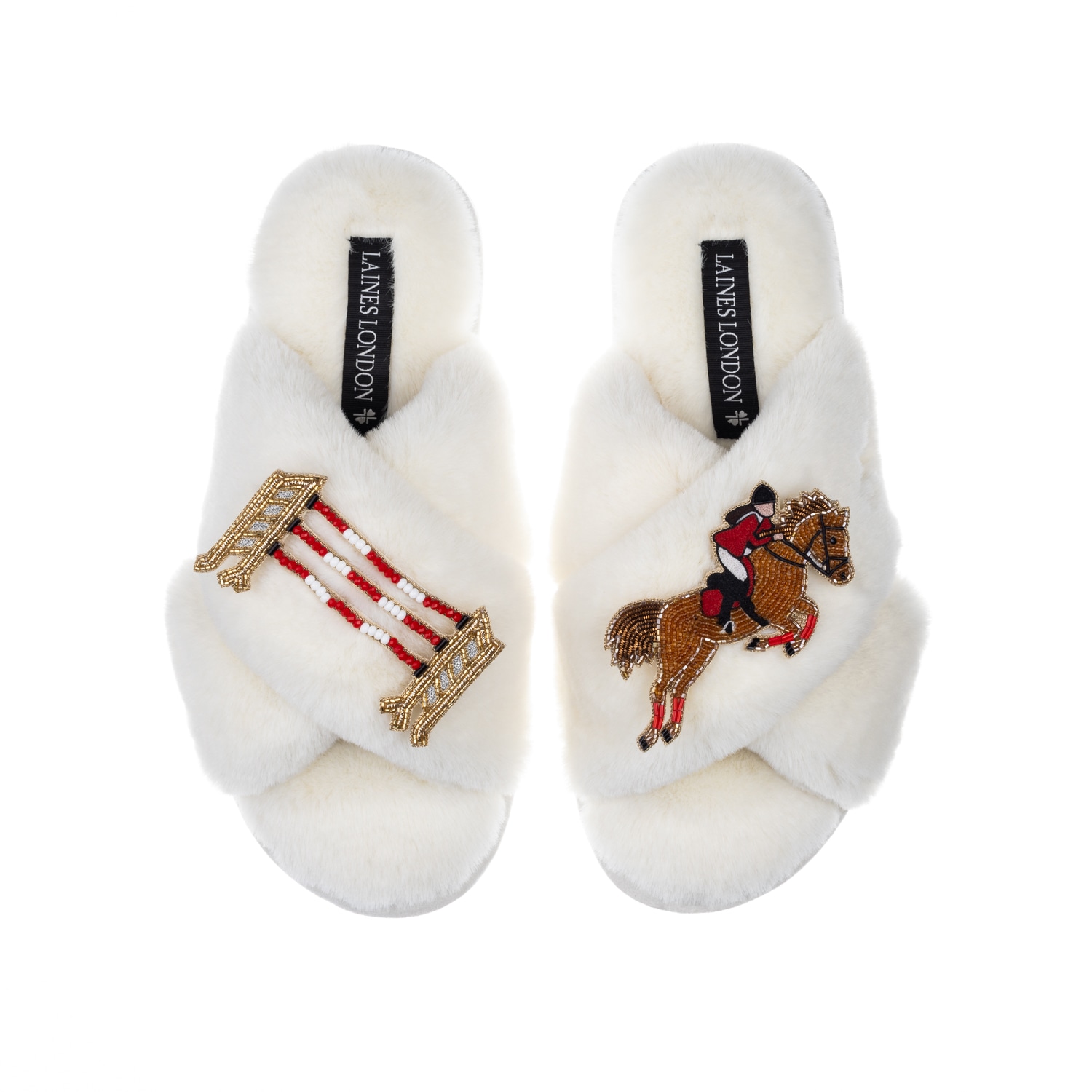 Laines London Women's White Classic Laines Slippers With Show Jump Horse Brooches - Cream In White