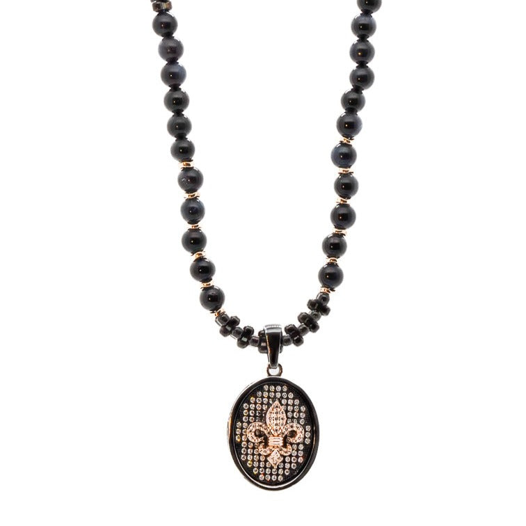 Ebru Jewelry Men's Black / Rose Gold / Gold Fleur De Lis Sterling Silver Pendant Labradorite Beaded Necklace - Bl In Black
