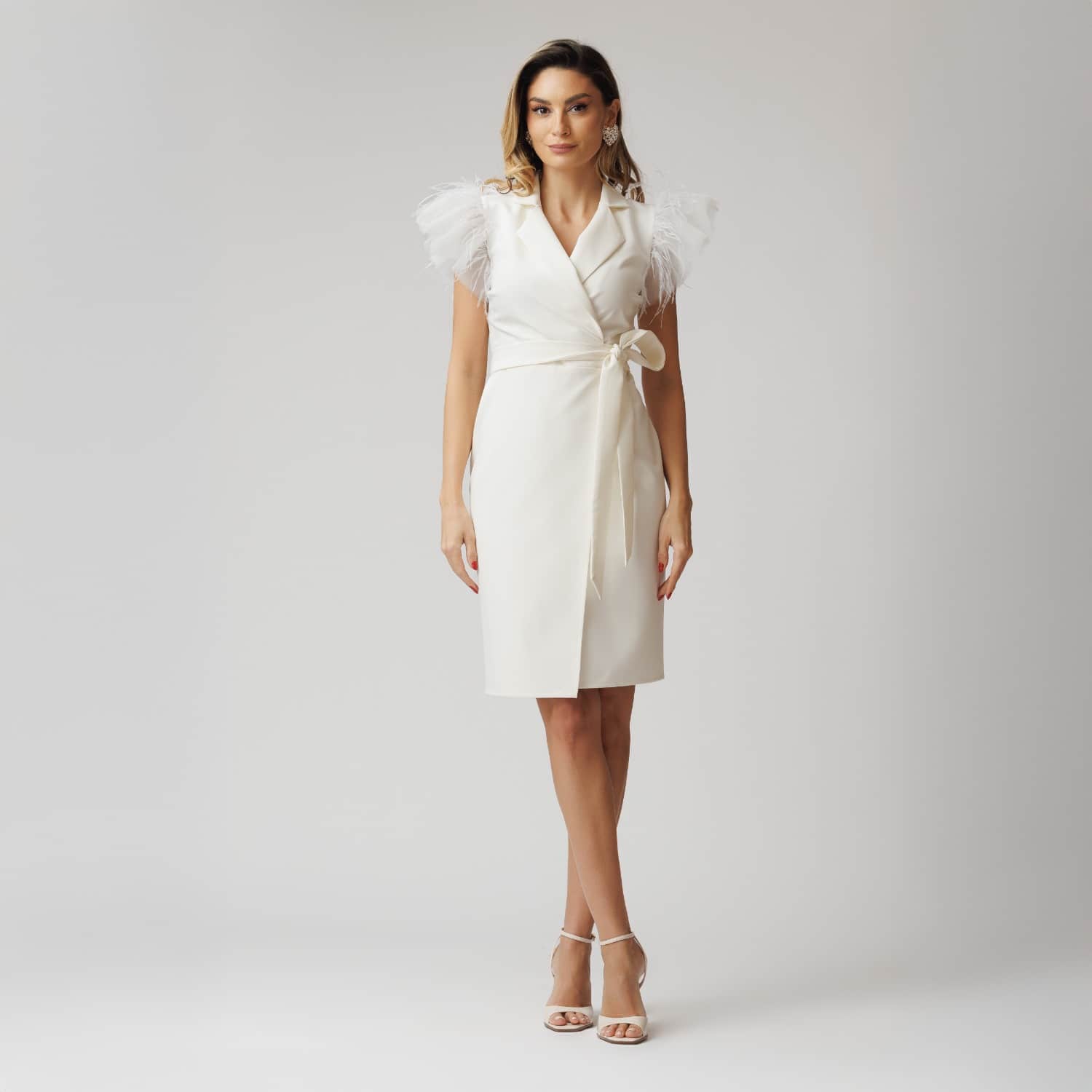 sachin and babi light blue dress White Short Wrap Blazer Dress With Winged Tulle Sleeves | concept A trois