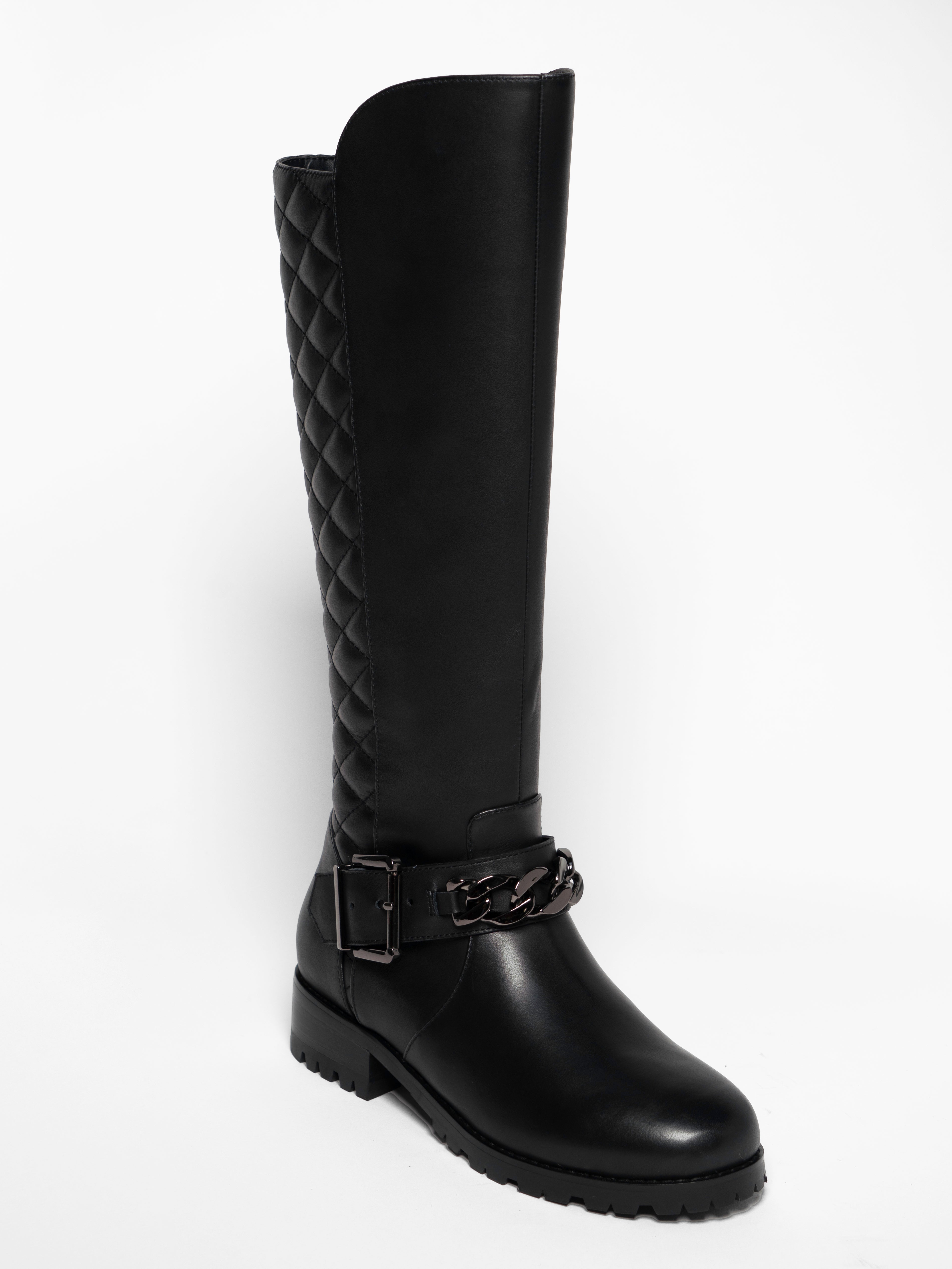Allegra James Women's Libby Black Leather Knee High Comfortable Work Evening Biker Boot In Black
