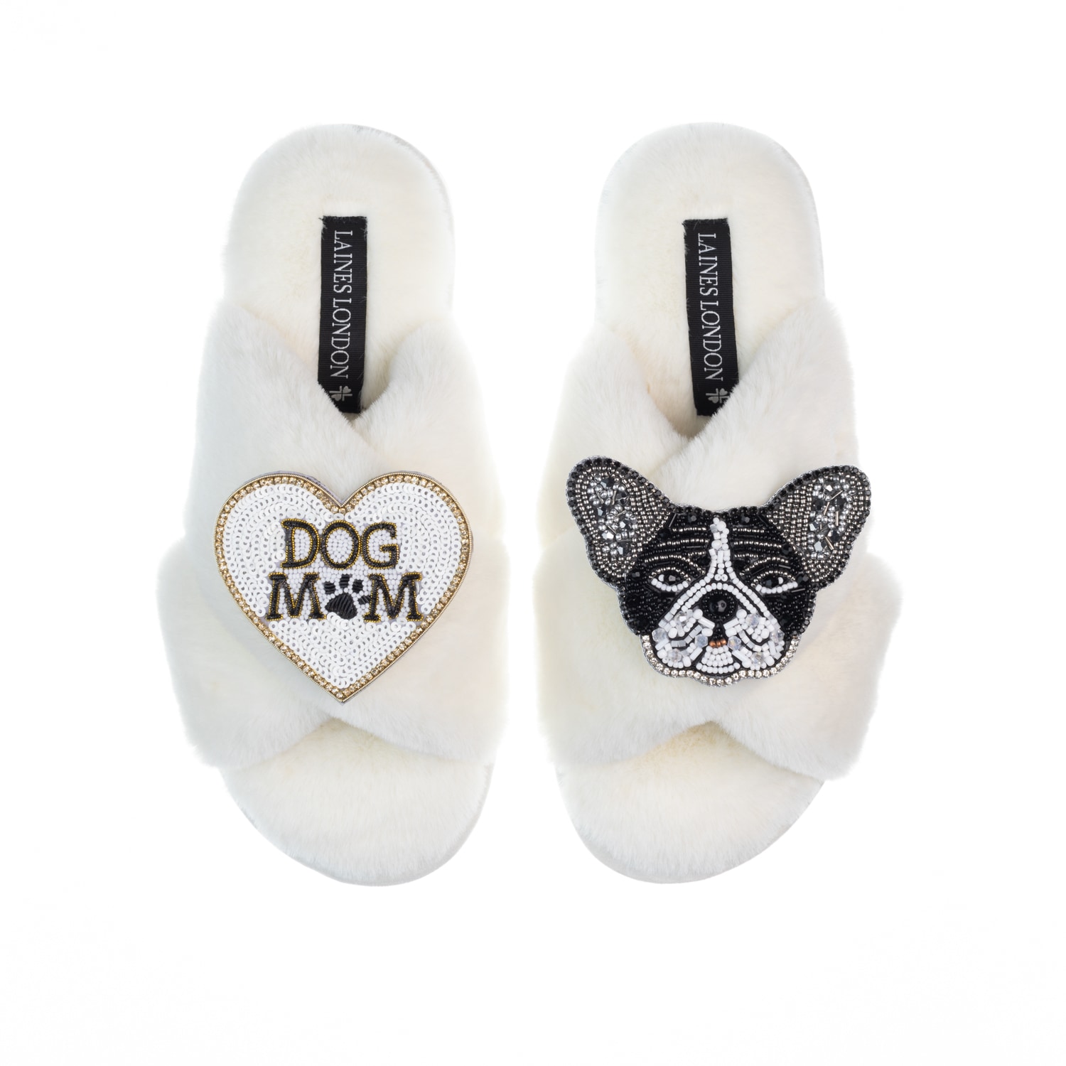 Women’s White Classic Laines Slippers With Coco The Frenchie & Dog Mum / Mom Brooches - Cream Large Laines London