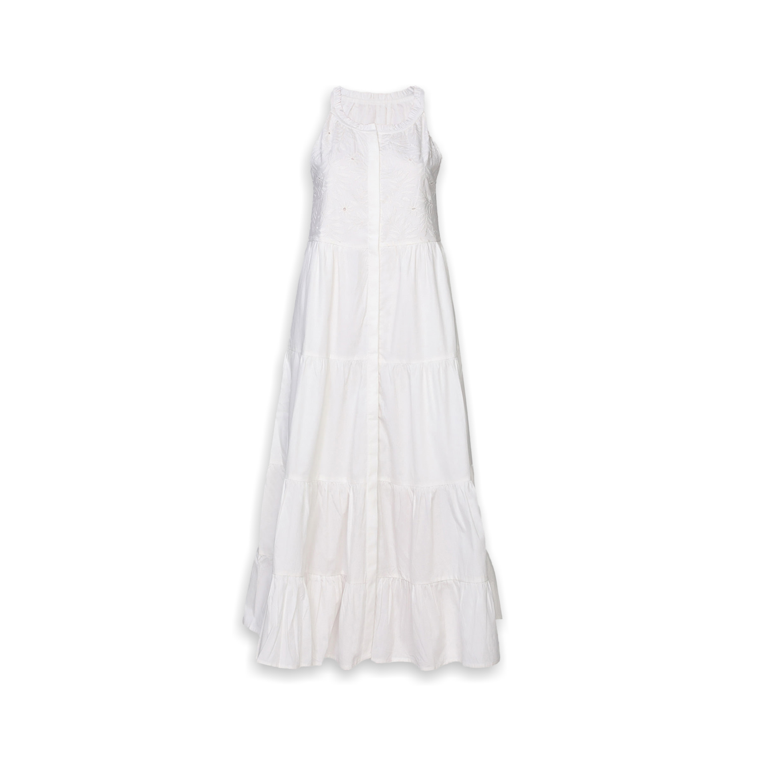 Reistor Women's White Sleeveless Embroidered Tiered Maxi Dress
