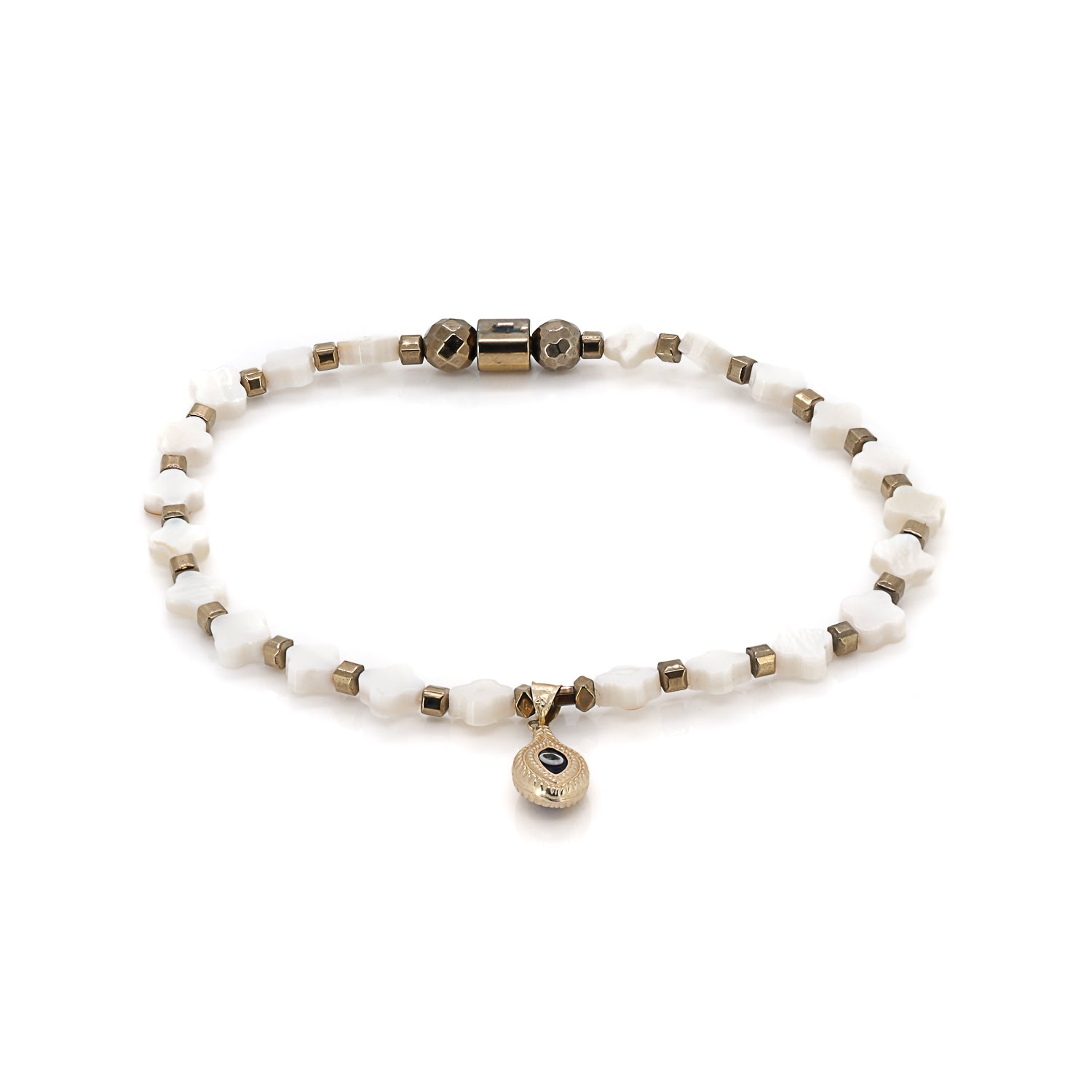 Women’s Gold / White Clover Pearl Evil Eye Talisman Anklet - White Ebru Jewelry
