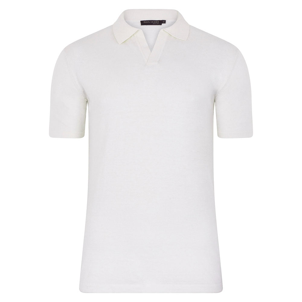 Mens Ultra Fine Cotton Linen Raphael Buttonless Polo Shirt - White Large Paul James Knitwear