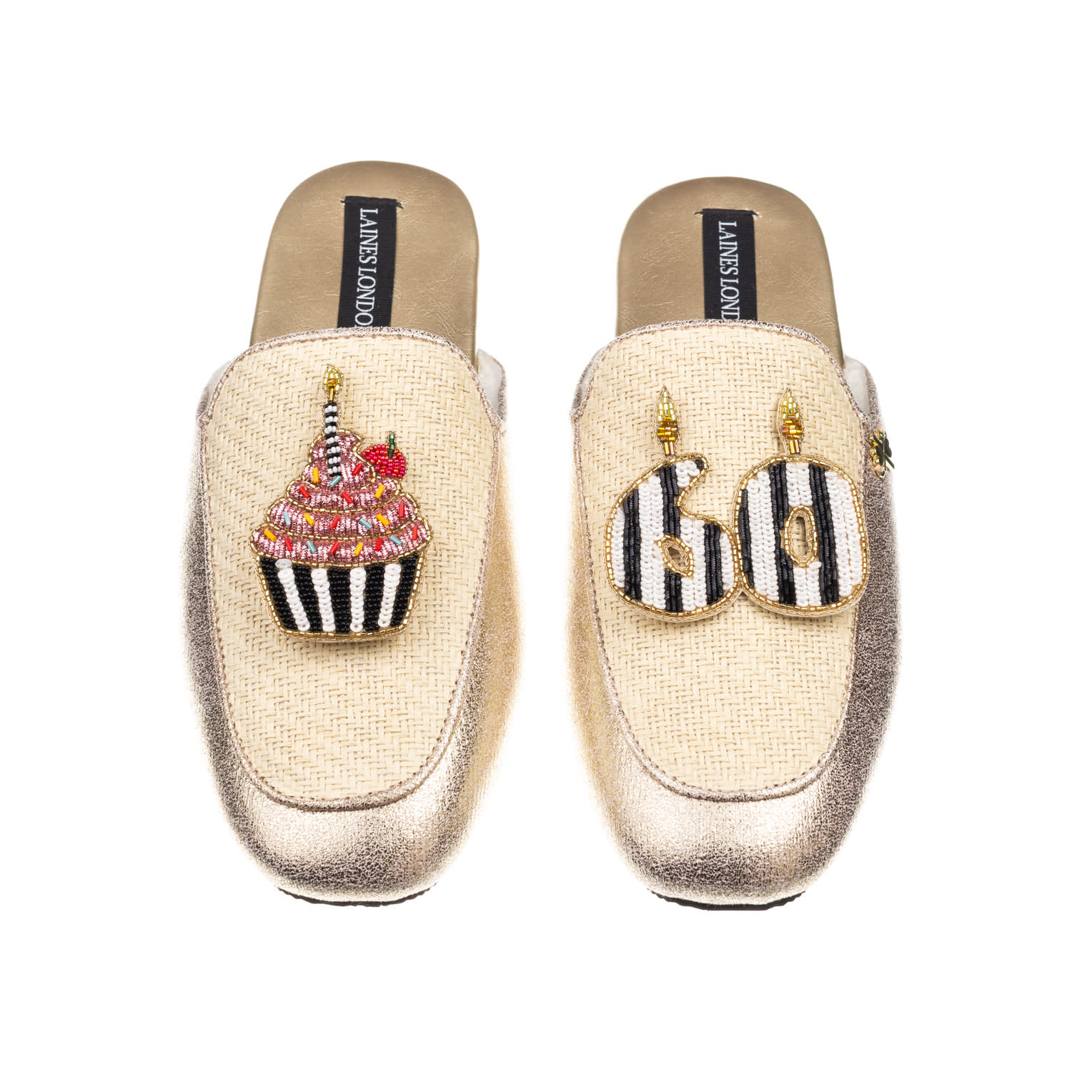 Laines London Women's Gold / Neutrals Classic Mules With Stripe 60th Birthday & Cake Brooches - Cream & Gold In Gold