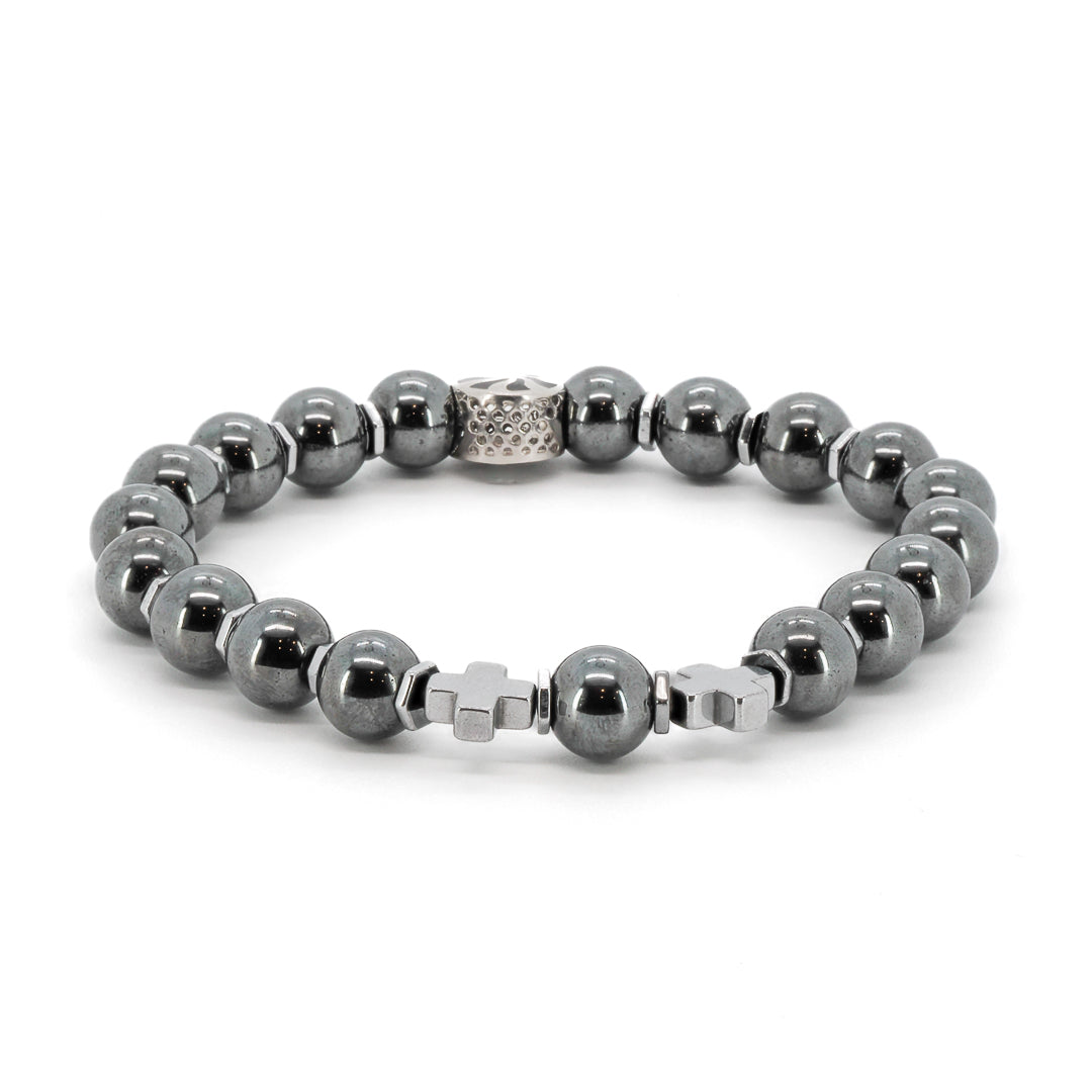 Men’s Grey / Silver / Black Natural Hematite Stone Sterling Sliver Accent Beaded Bracelet - Silver Ebru Jewelry