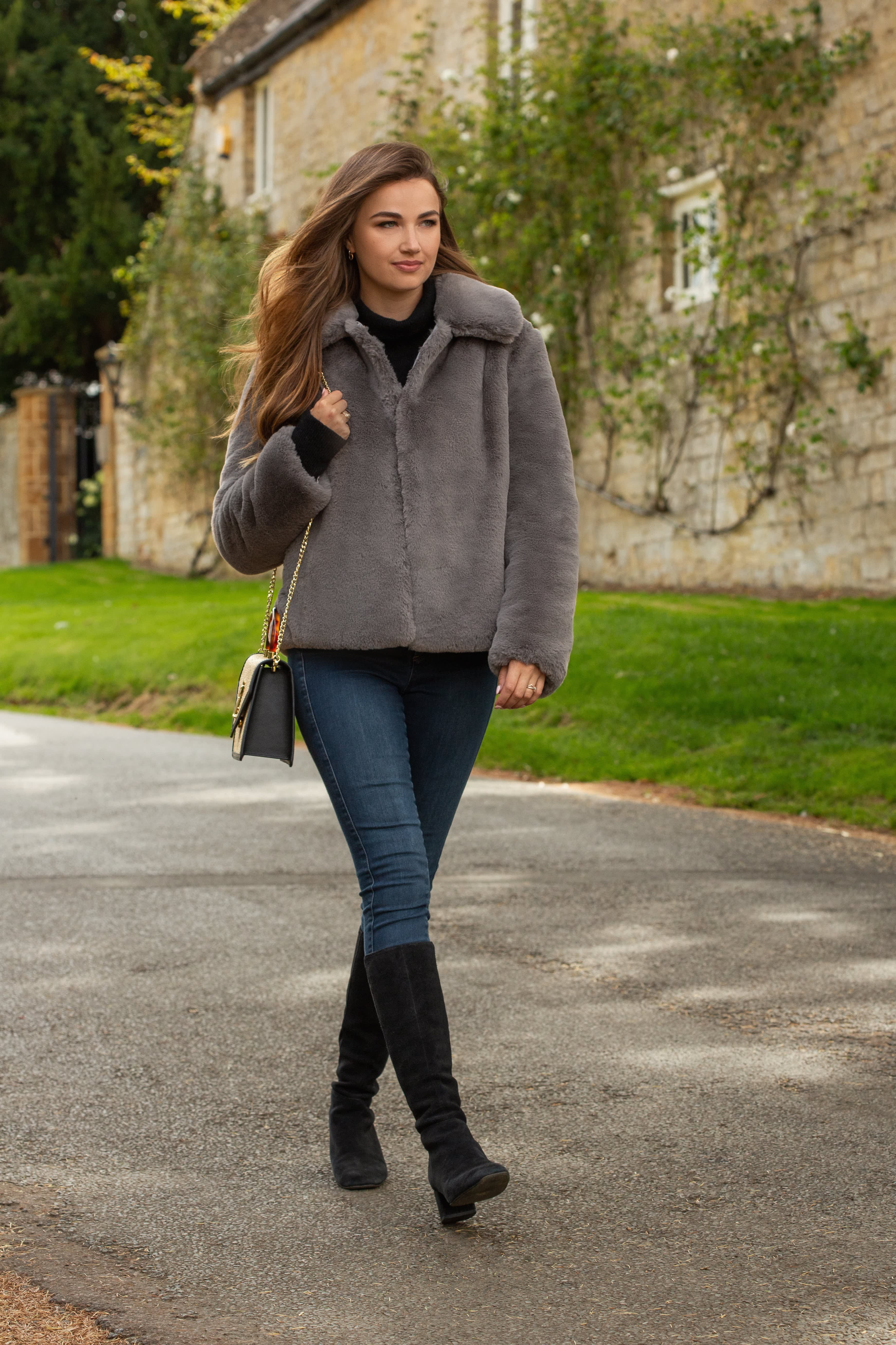 Christie Luxe Faux Fur Collar Jacket Dark Grey – Issy London