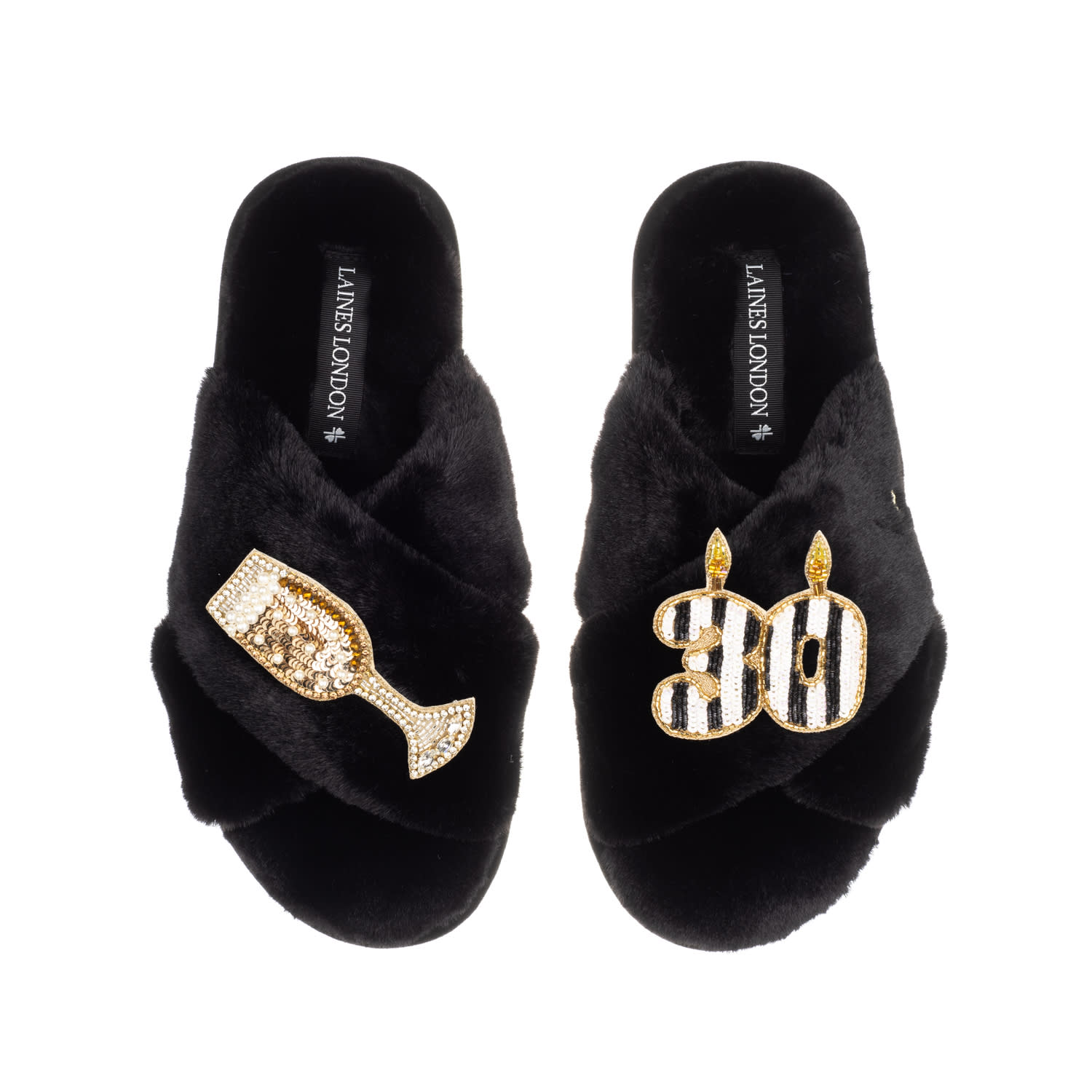 Laines London Women's Classic Laines Slippers With Stripe 30th Birthday & Glass Of Champagne Brooches - Black In Black