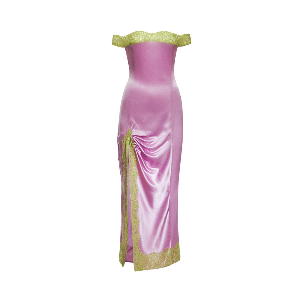 Lilac Silk Dress With Green Lace Applique Details M