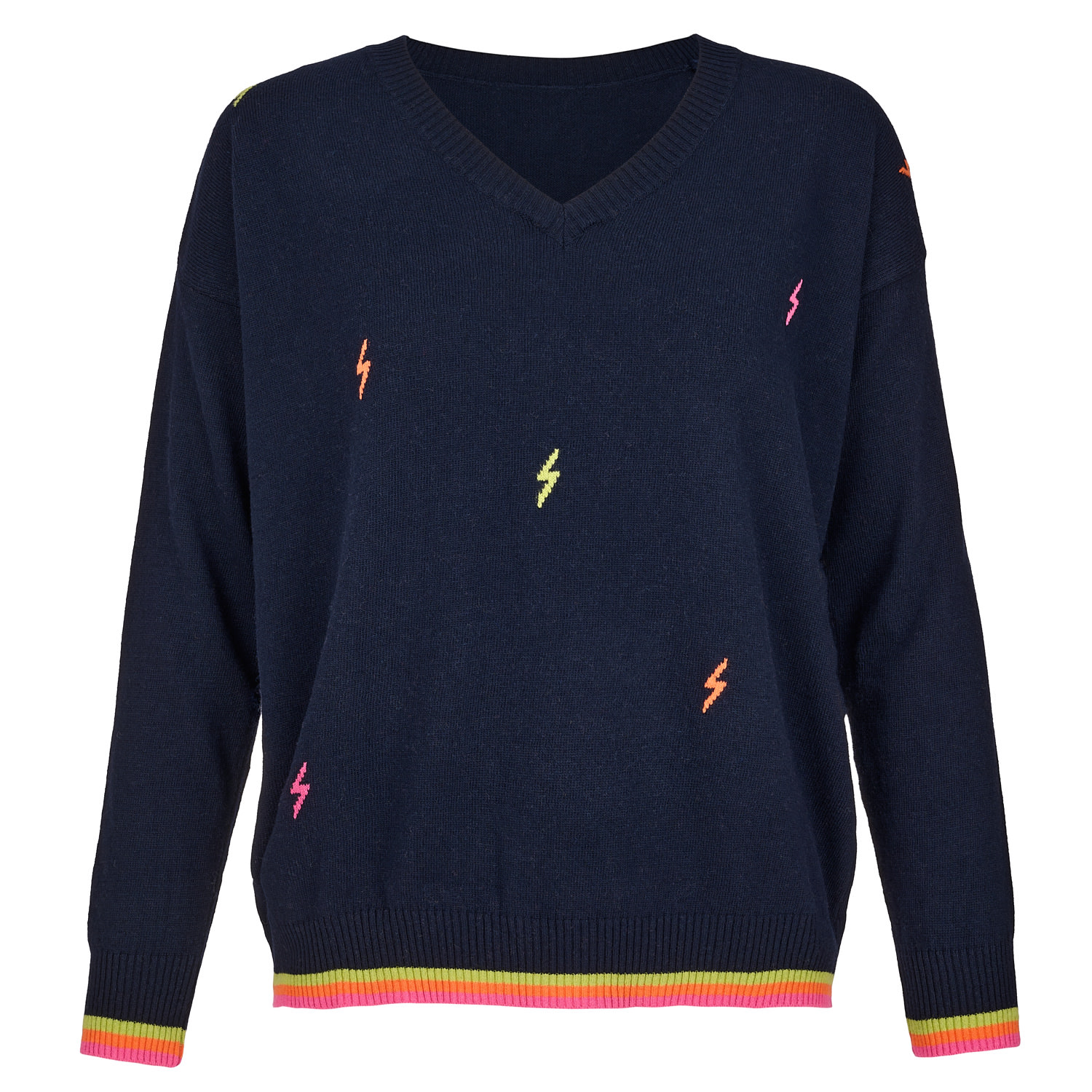 At Last... Women's Blue Cashmere Mix Sweater In Navy With Multi Lightning & Stripes In Blue