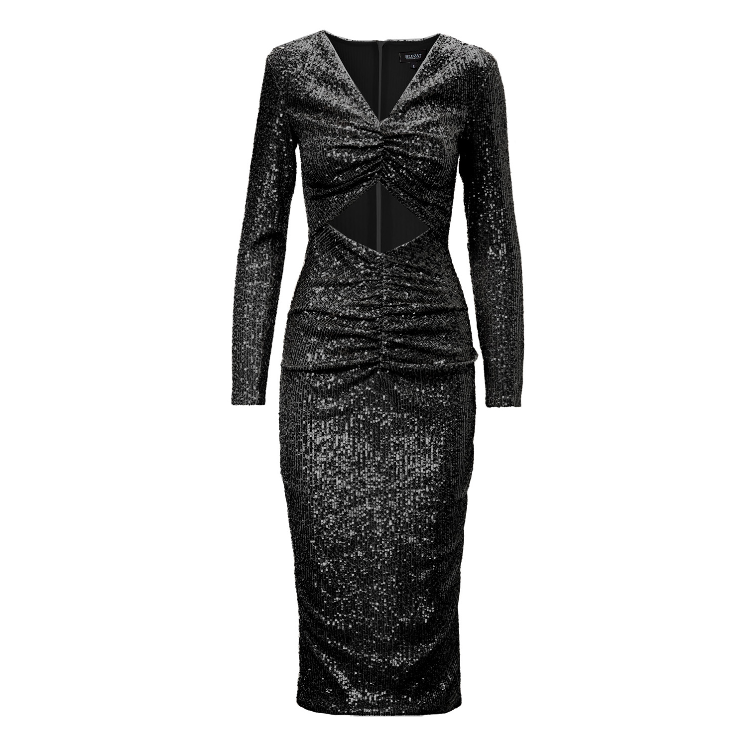 Black Sequin Midi Dress With Cut Out And Gathered Detailing BLUZAT Wolf Badger
