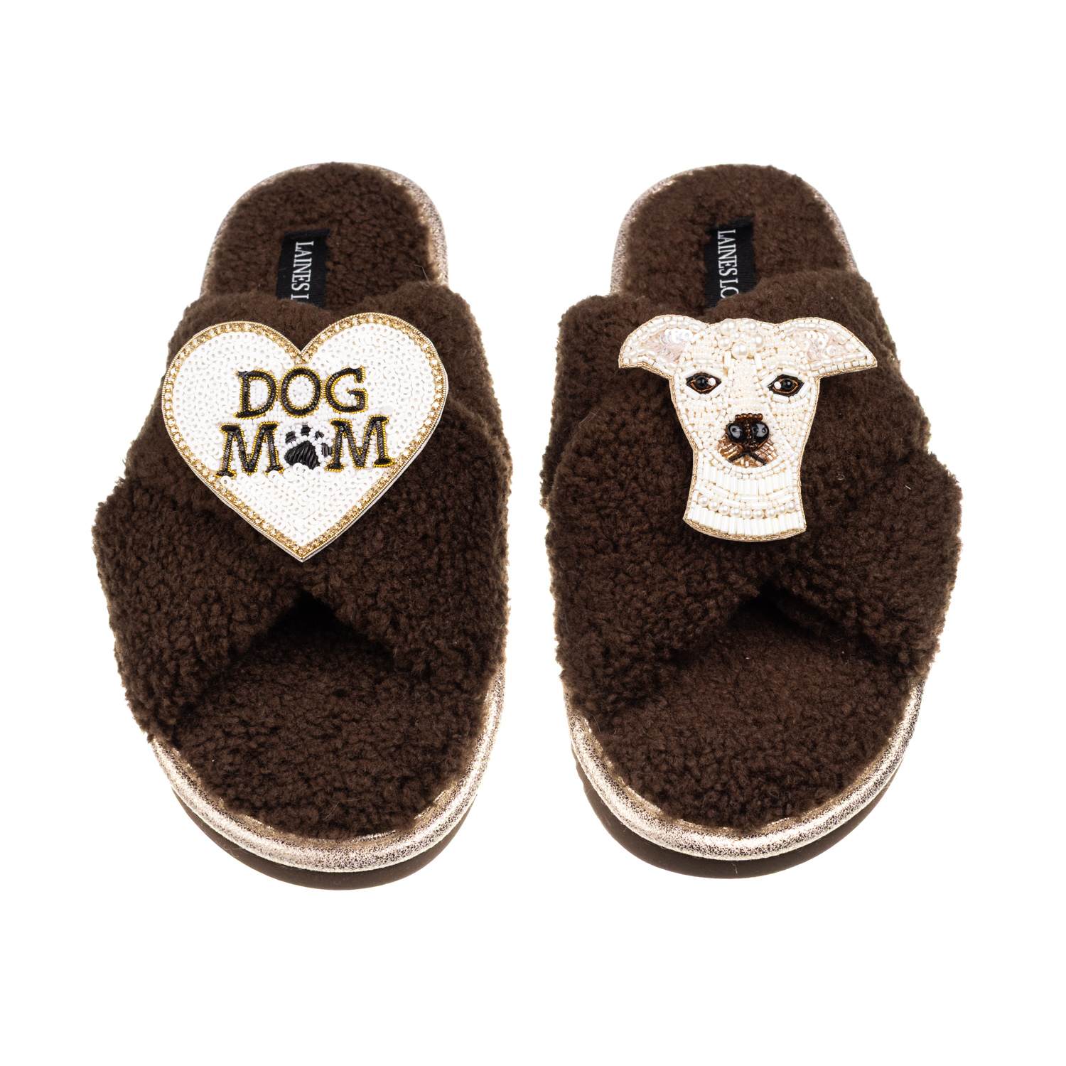 Laines London Women's Brown / Neutrals Laines Neutral Boucle Slippers With Olive The Iggy & Dog Mum / Mom Brooches
