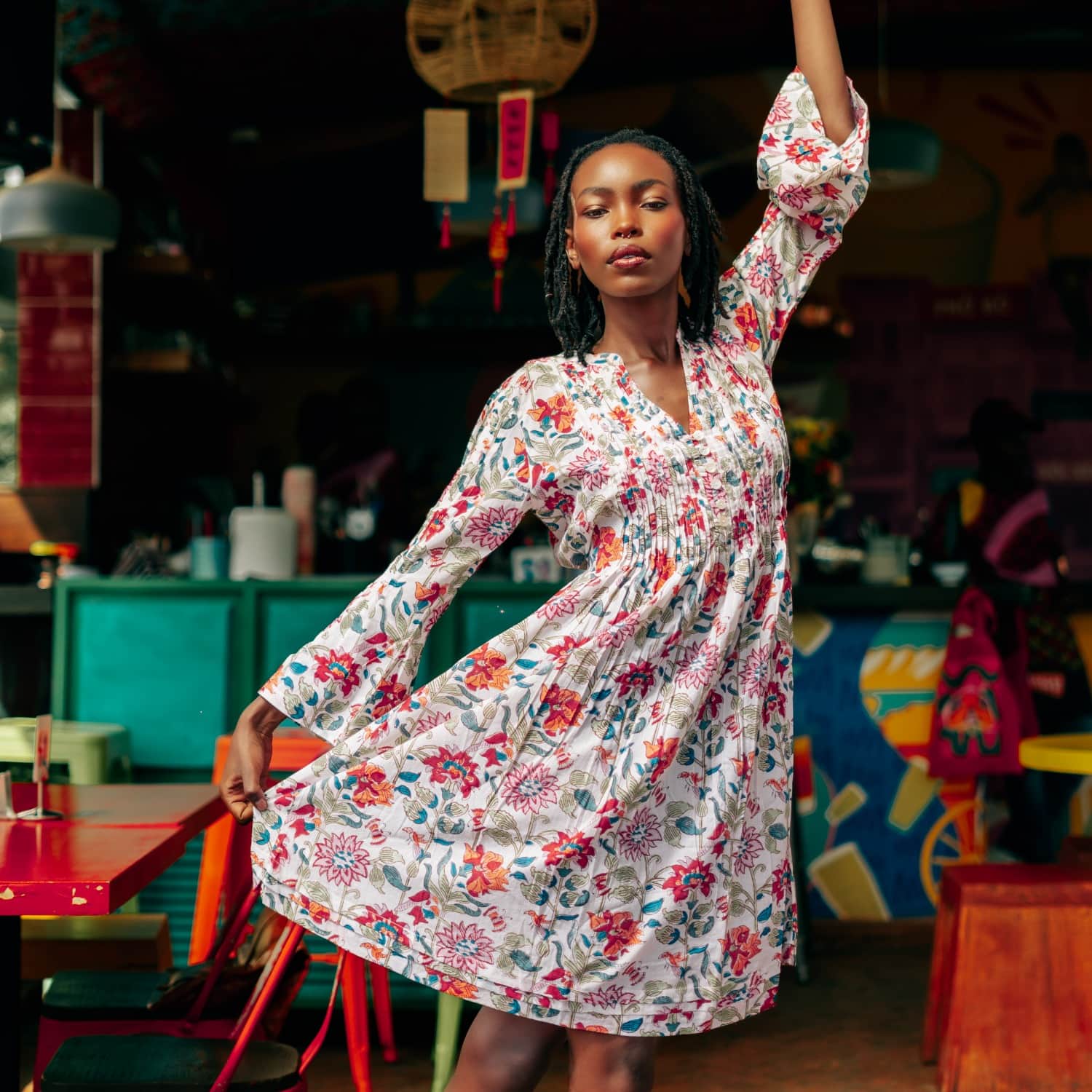 Poa Light Floral Cotton Hand Block Print Dress | Wild Rose | Wolf