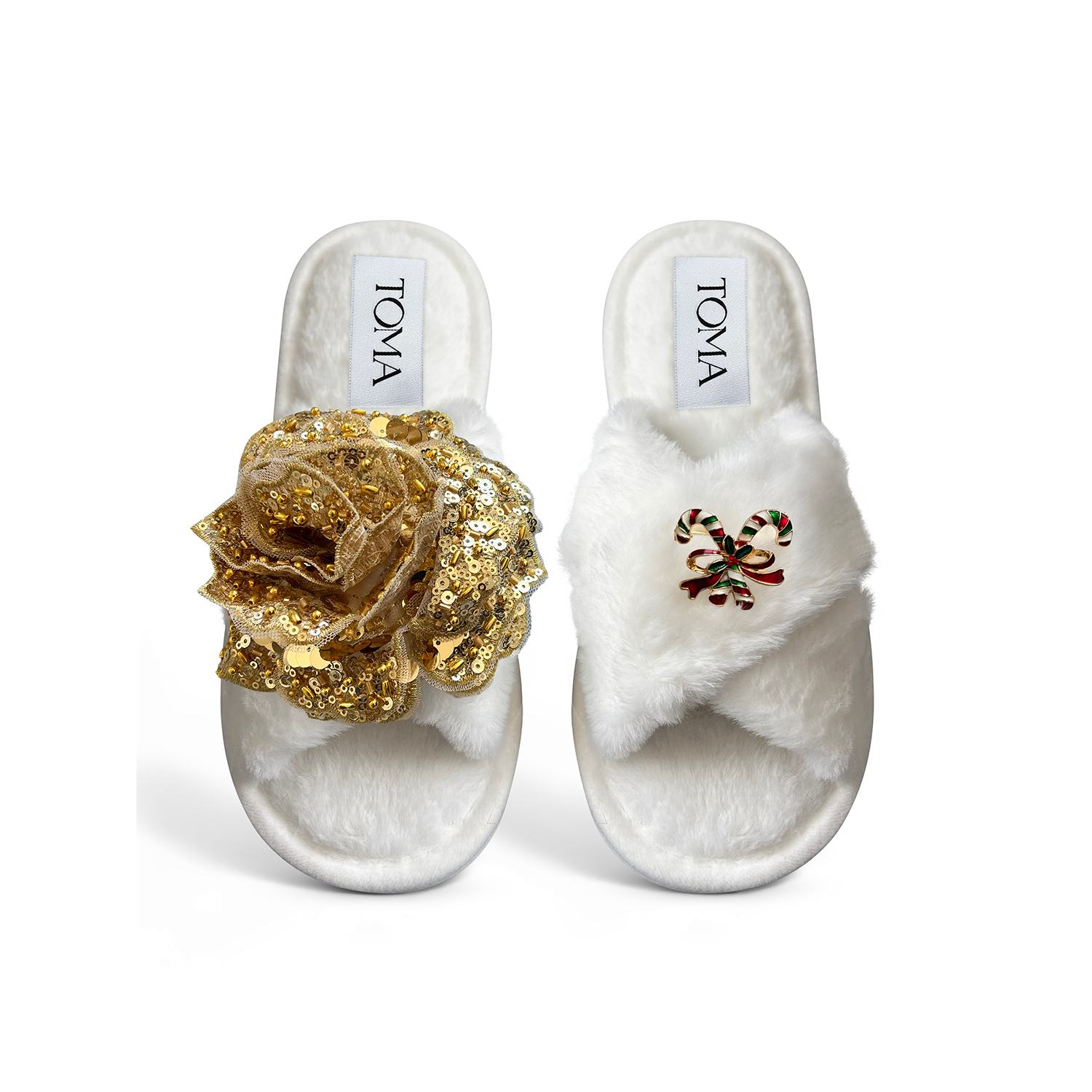 Toma Women's White Classic  Open Toe Gold Sequin Flower And Ribbon Slippers