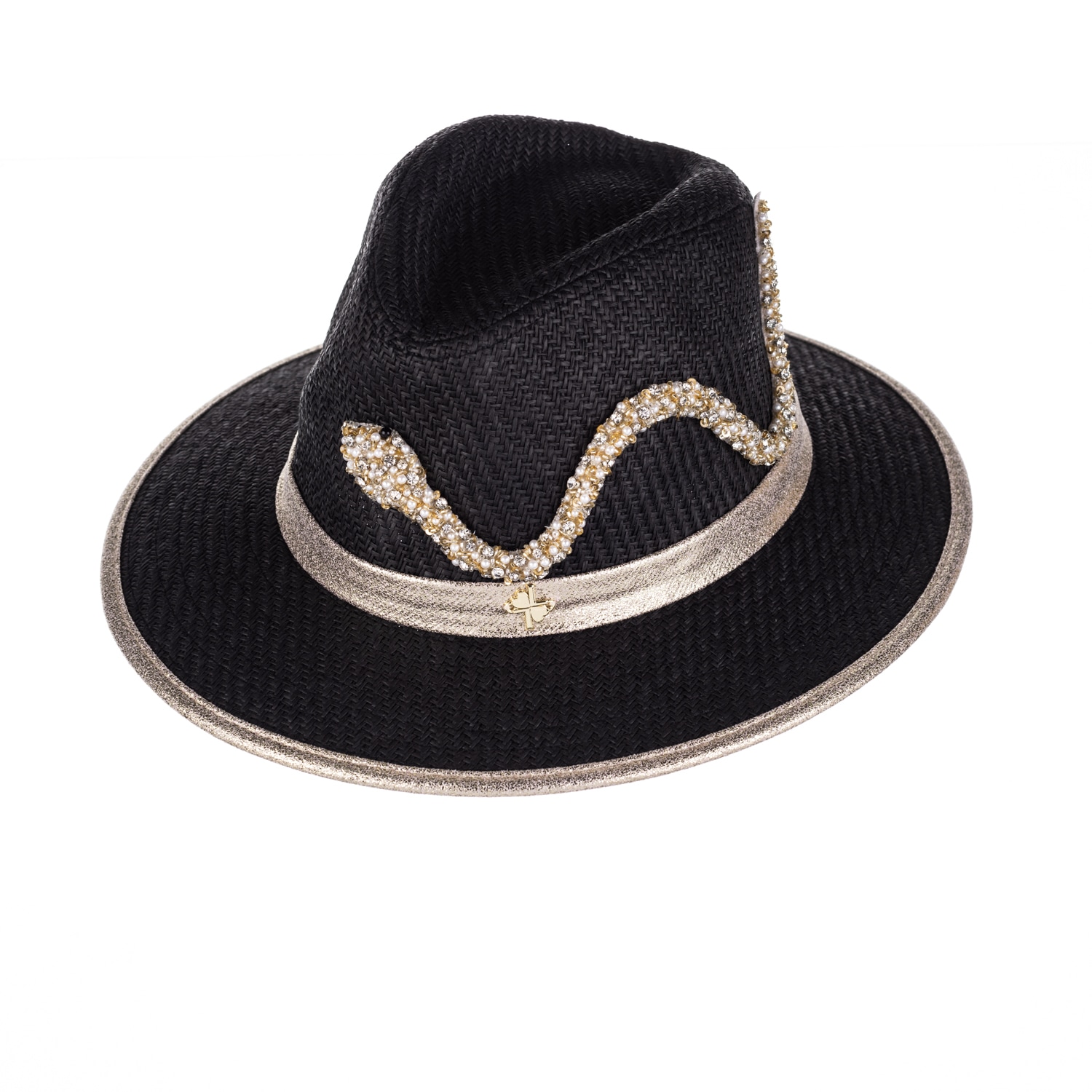 Laines London Women's Straw Woven Hat With Couture Embellished Crystal Snake - Black In Black/gold