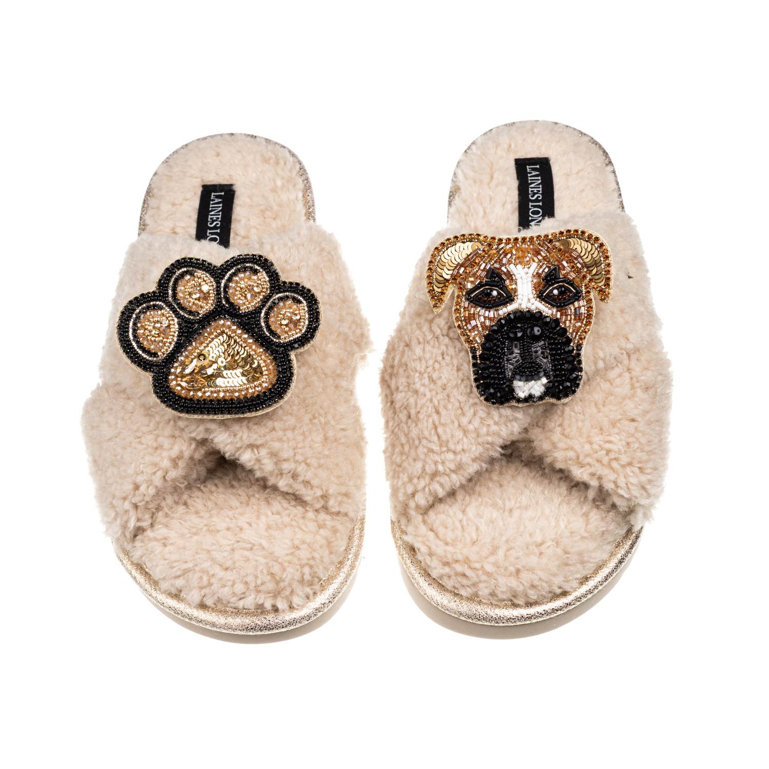 Laines London Women's Brown / Neutrals Laines Neutral Boucle Slippers With Pip The Boxer & Paw Brooches - Oatmeal