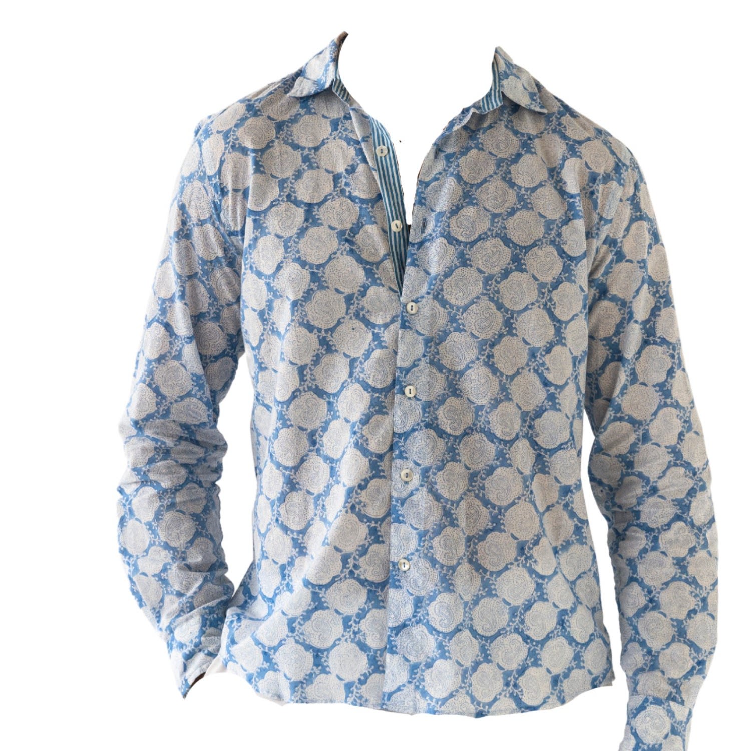 Men’s Pale Blue Classic Cotton Blockprint Shirt Extra Large Otherland Club