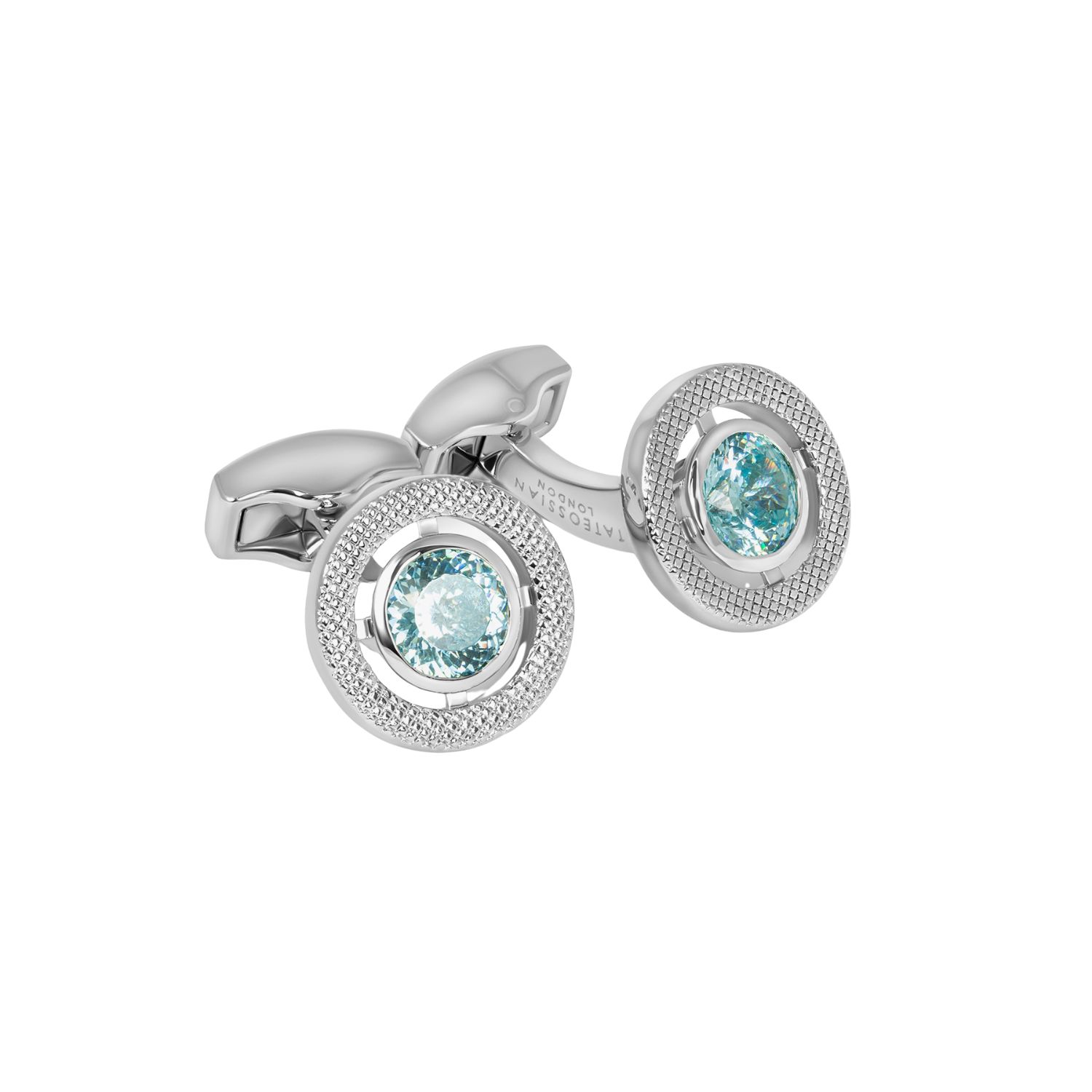 Men's Silver / Blue Halo Round Cz Cufflinks With Aquamarine & Rhodium Plated | Tateossian London