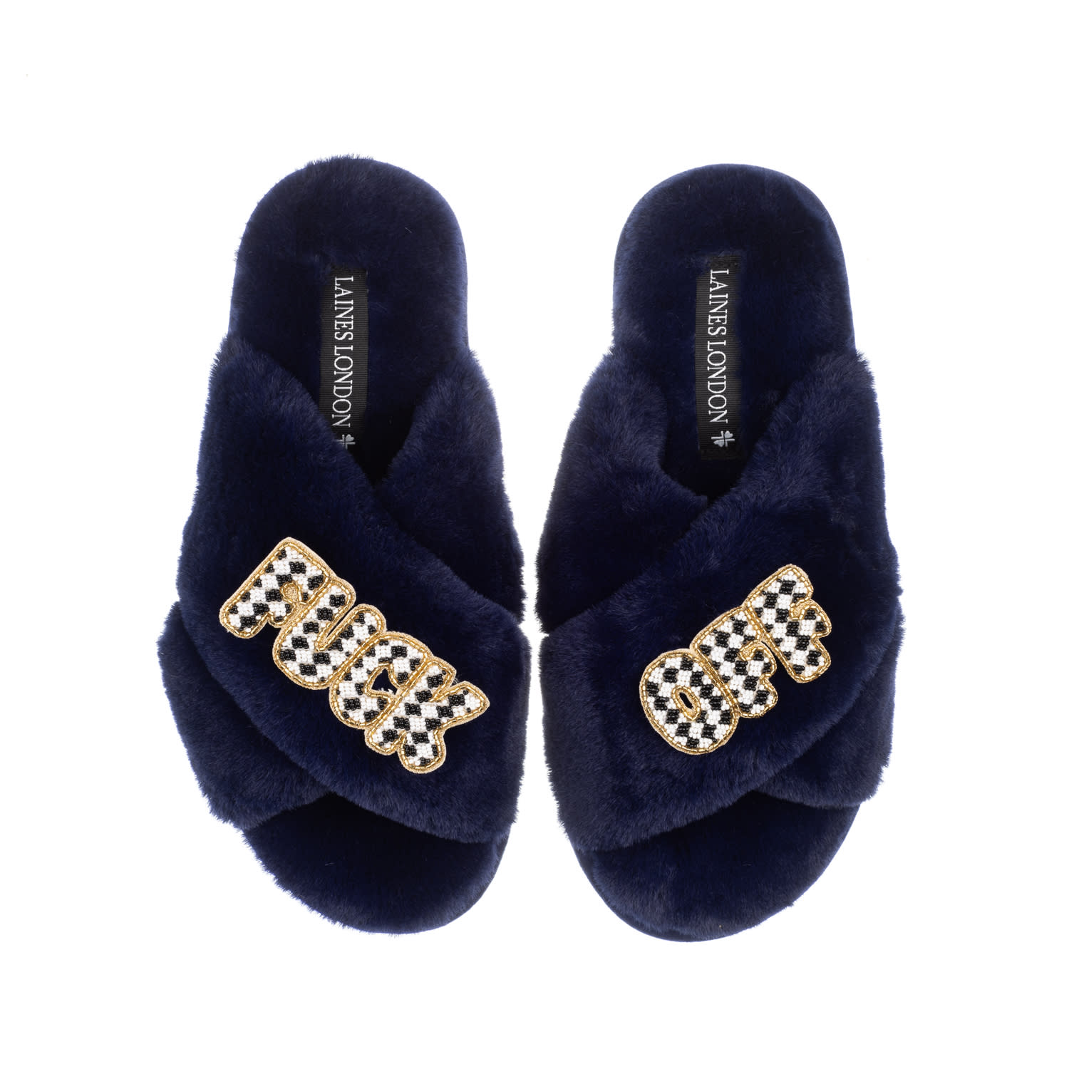 Laines London Women's Blue Classic Laines Slippers With Chequered Fuck Off Brooches - Navy In Blue