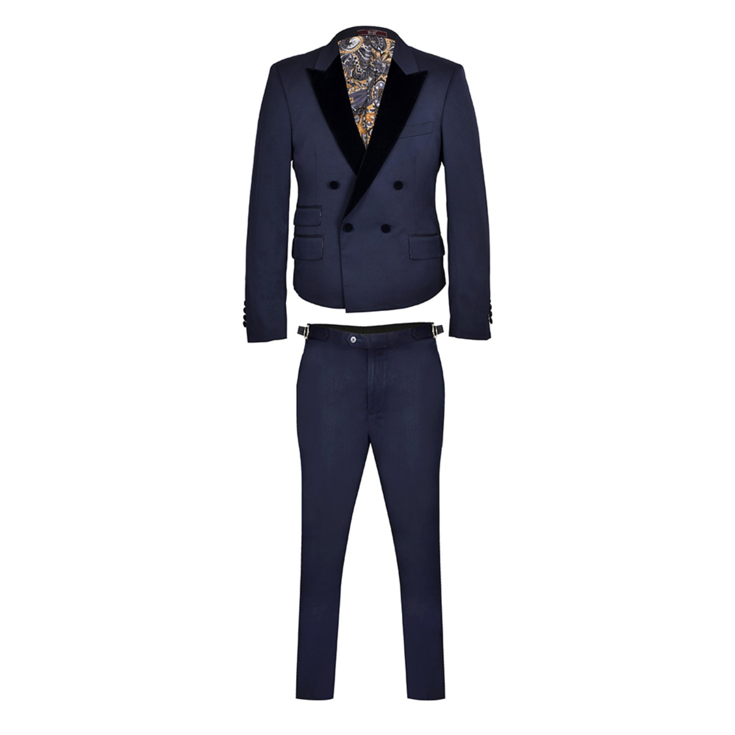 Men’s David Wej Signature Cropped Double Breasted Velvet Peak Lapel Tuxedo - Navy Blue M