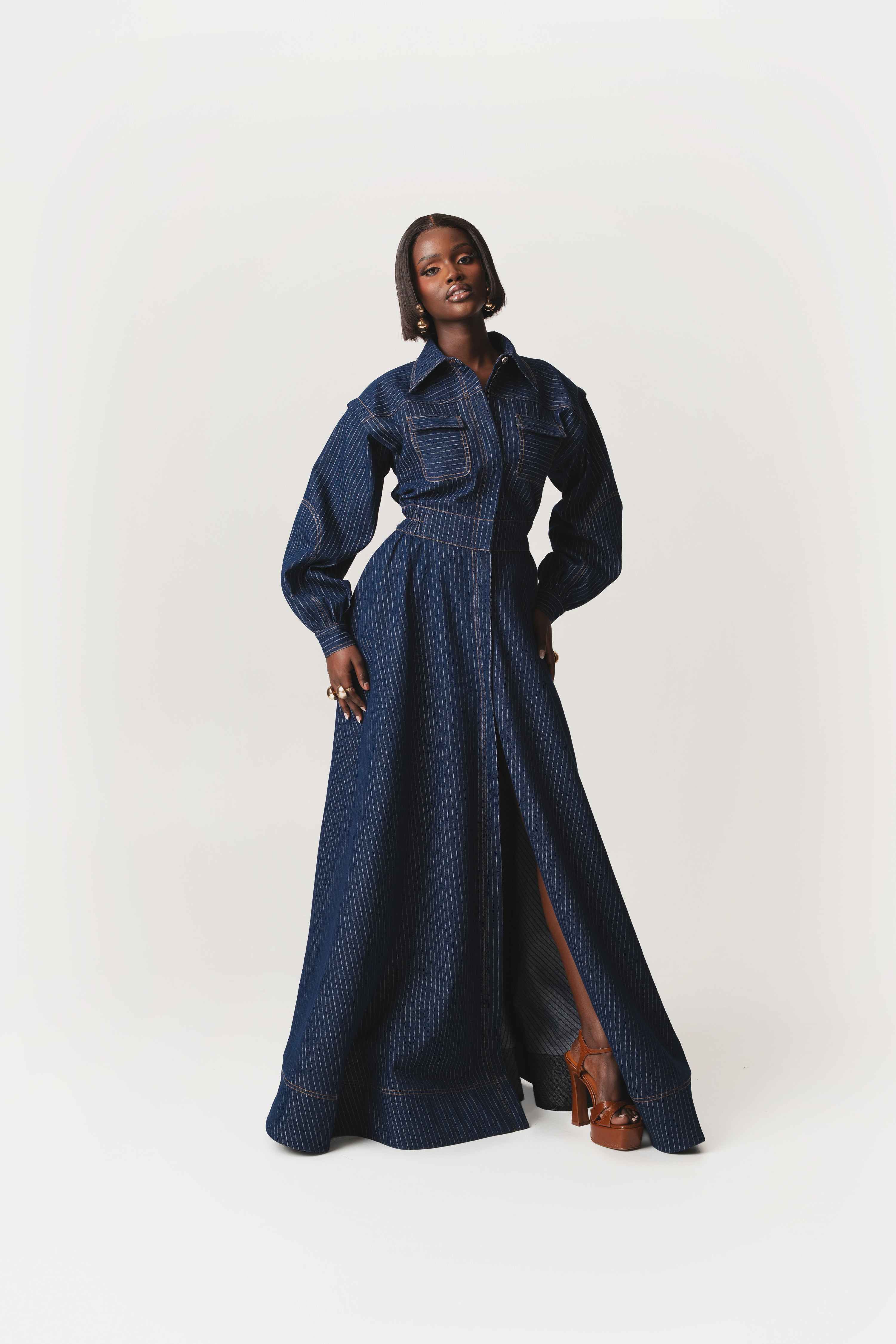 Denim Pinstripe Emma Maxi Dress | OFUURE | Wolf & Badger