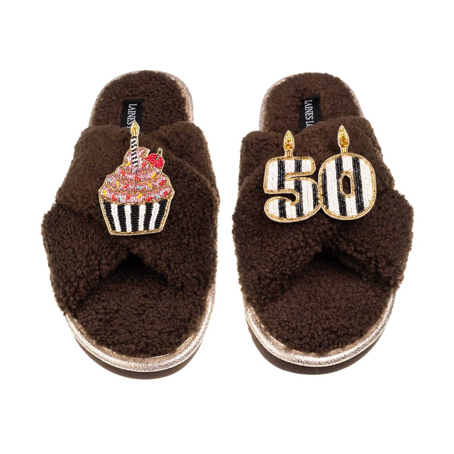 Laines London Women's Brown / Neutrals Laines Neutral Boucle Slippers With Stripe 50th Birthday & Cake Brooches - 