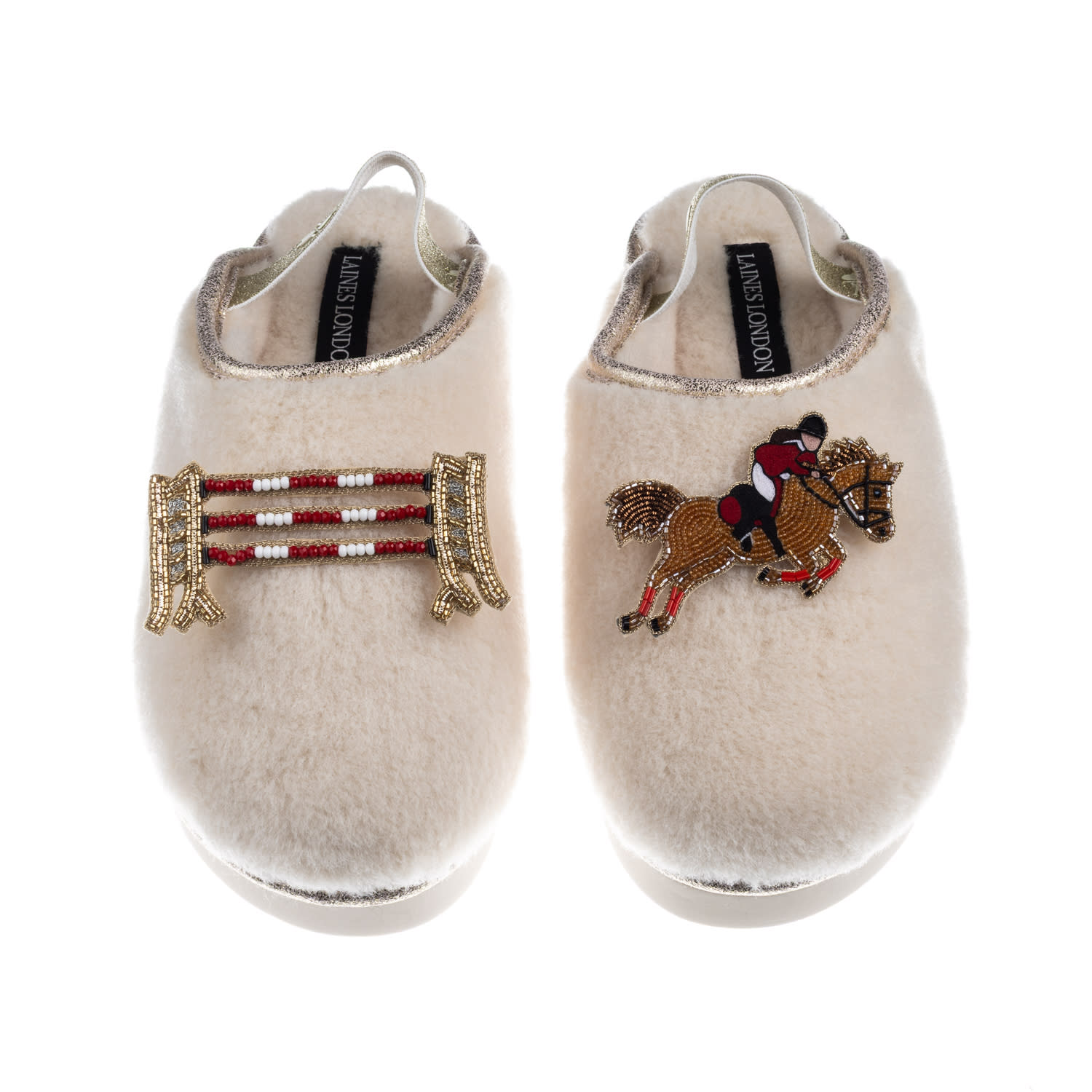 Laines London Women's Gold / Neutrals / White Flatform Cloud Slippers With Show Jump Horse Brooches - Cream