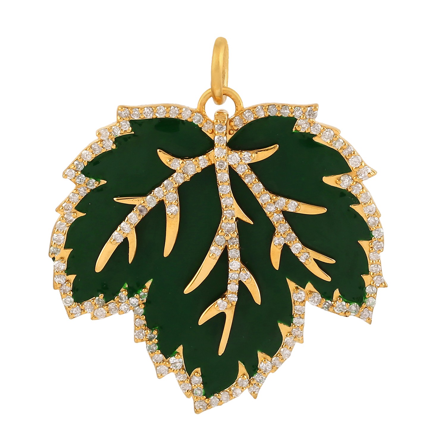 Artisan Women's Green / Gold / White Natural Diamond Leaf Pendant With Enamel In 14k Gold In Green