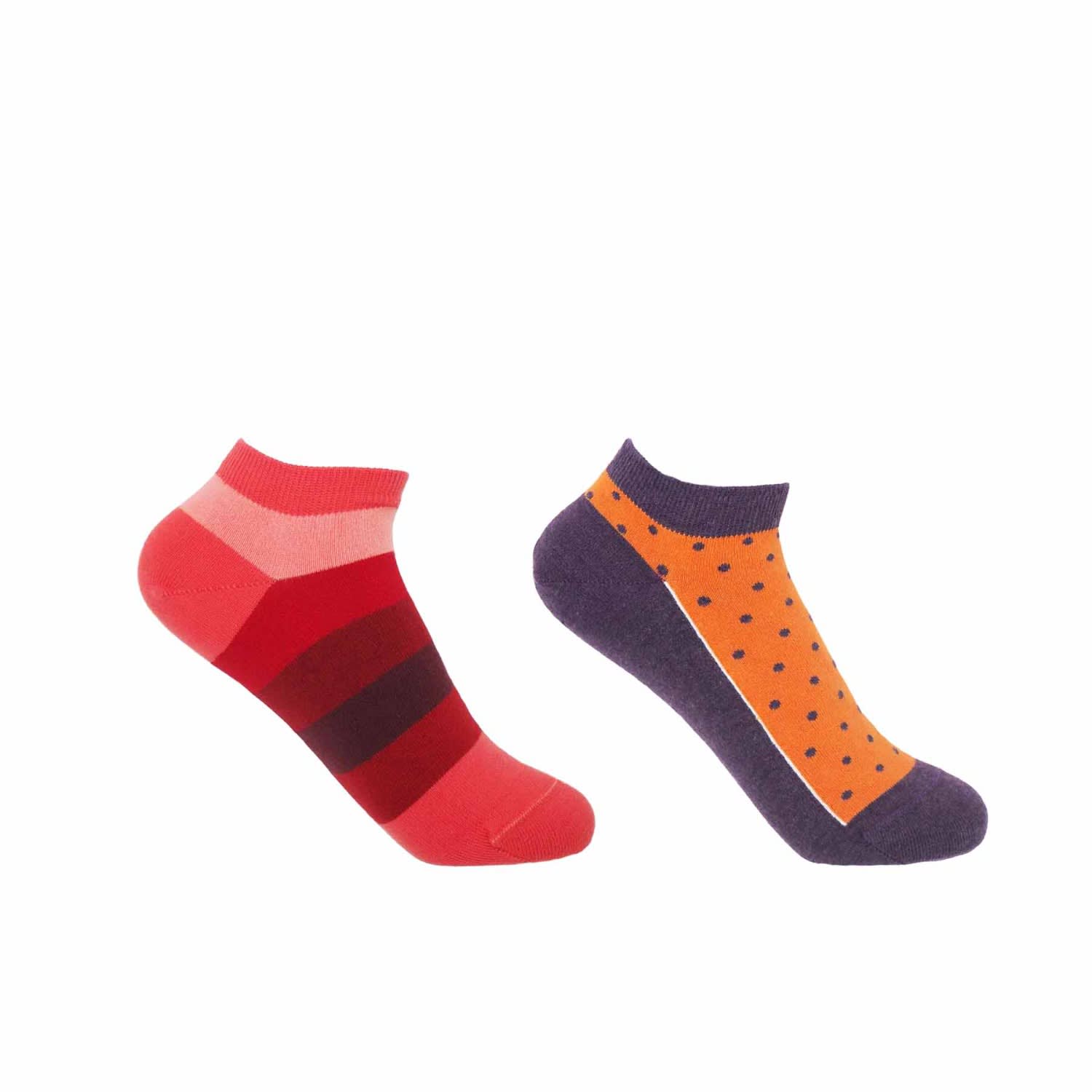 Peper Harow - Made In England Block Stripe & Polka Organic Women's Trainer Socks Bundle - Fire & Berry