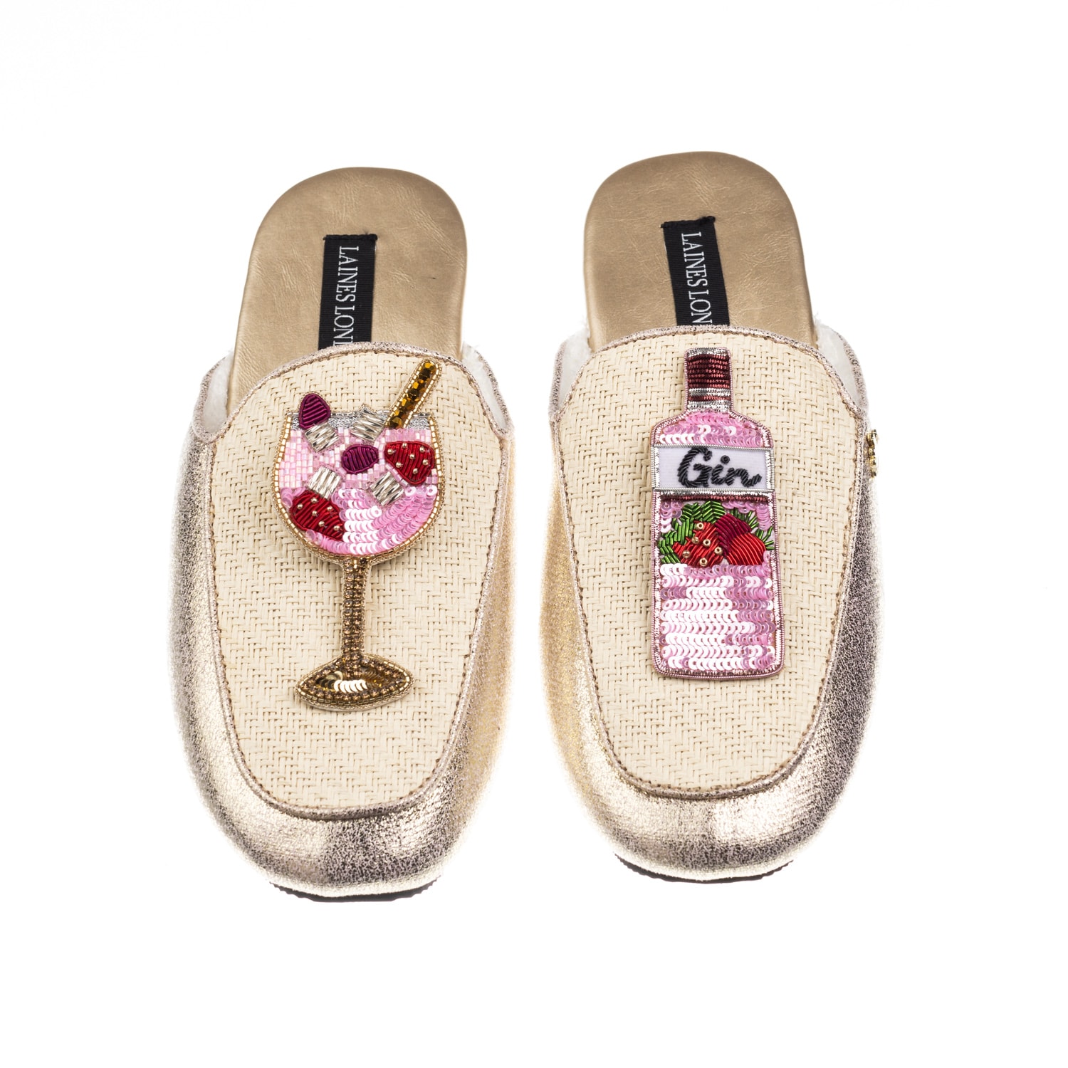 Laines London Women's Gold / Neutrals Classic Mules With Pink Gin & Fruit Glass Brooches - Cream & Gold In Gold