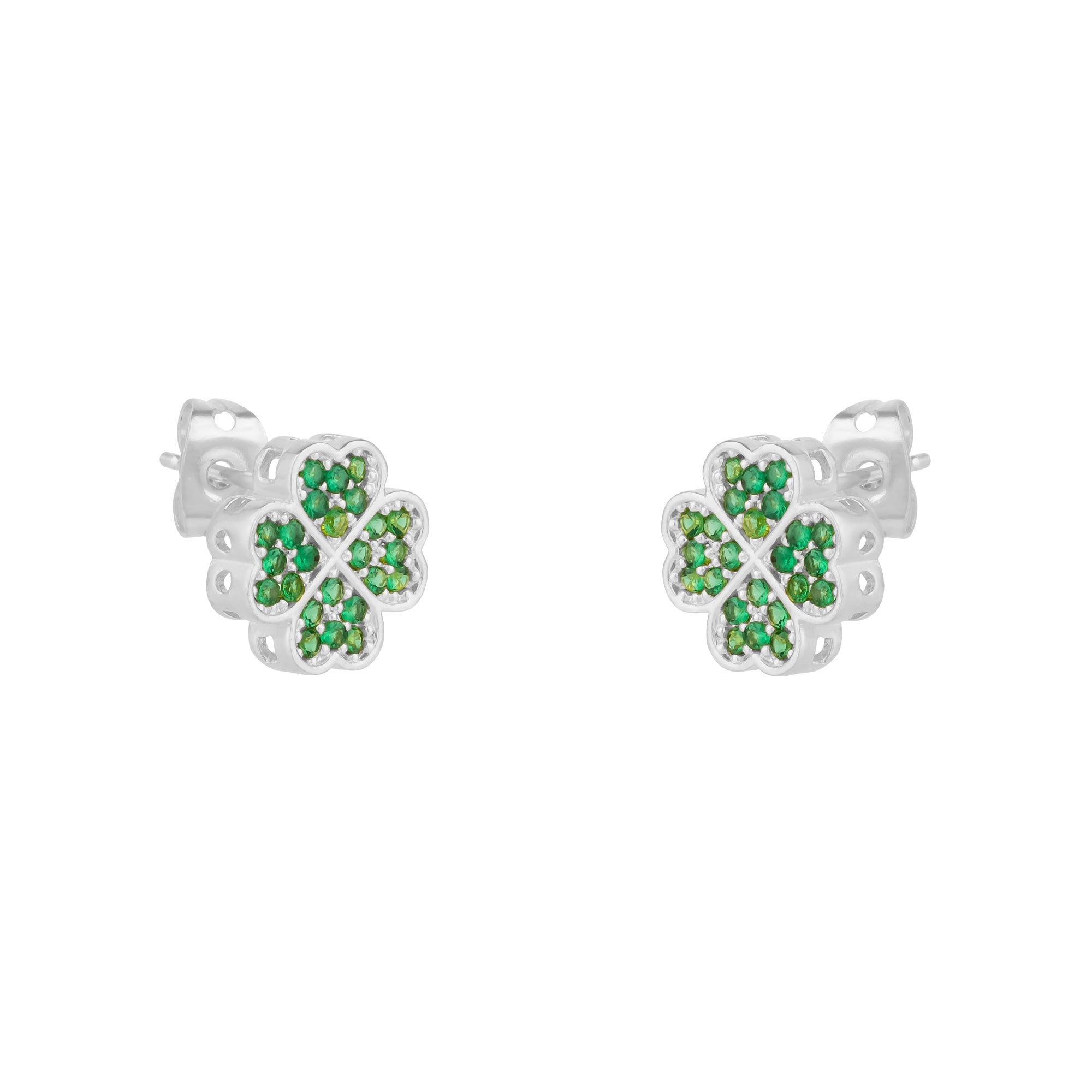 Mejoma Women's Silver / Green Four Leaves Clover Stud Earring In Silver With Green Gemstones