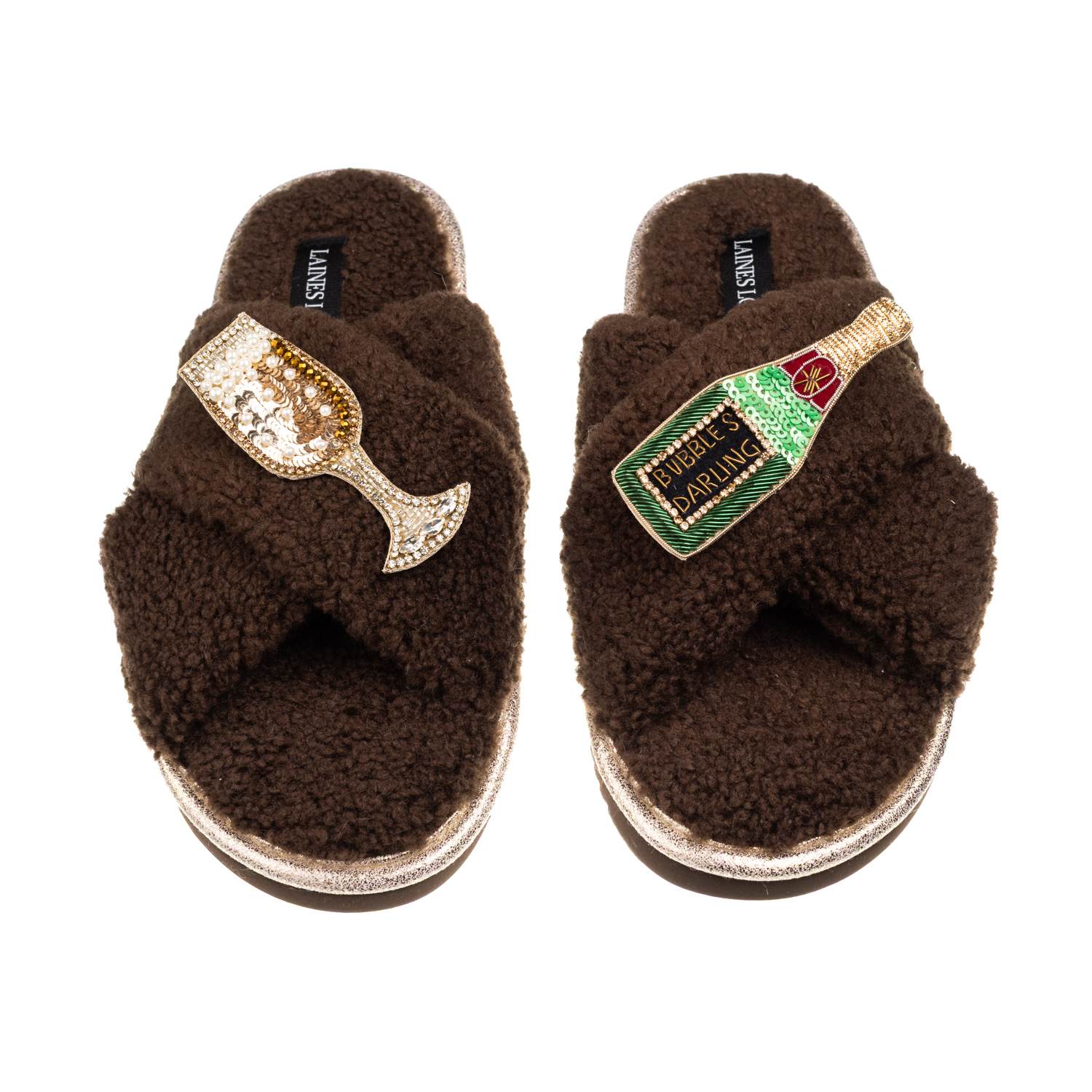 Laines London Women's Brown / Neutrals Laines Neutral Boucle Slippers With Bubbles Darling Brooches - Chocolate