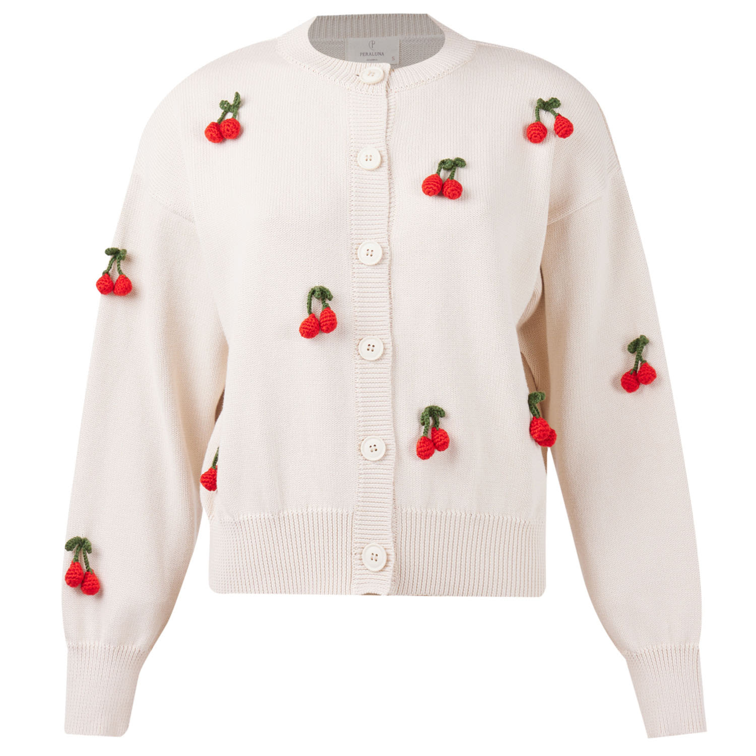 Peraluna Women's Neutrals Cherry Hand Embroidered Cardigan In Cream In Red/white