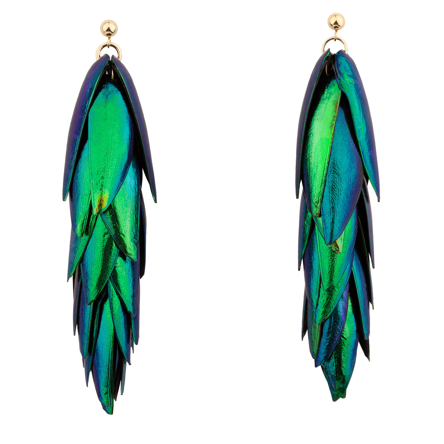 Oanasavu.creations Women's Green / Gold Beetle Earrings Long Metallic Green Natural Recycled Beetle Wings & Gold Earrin In Multi