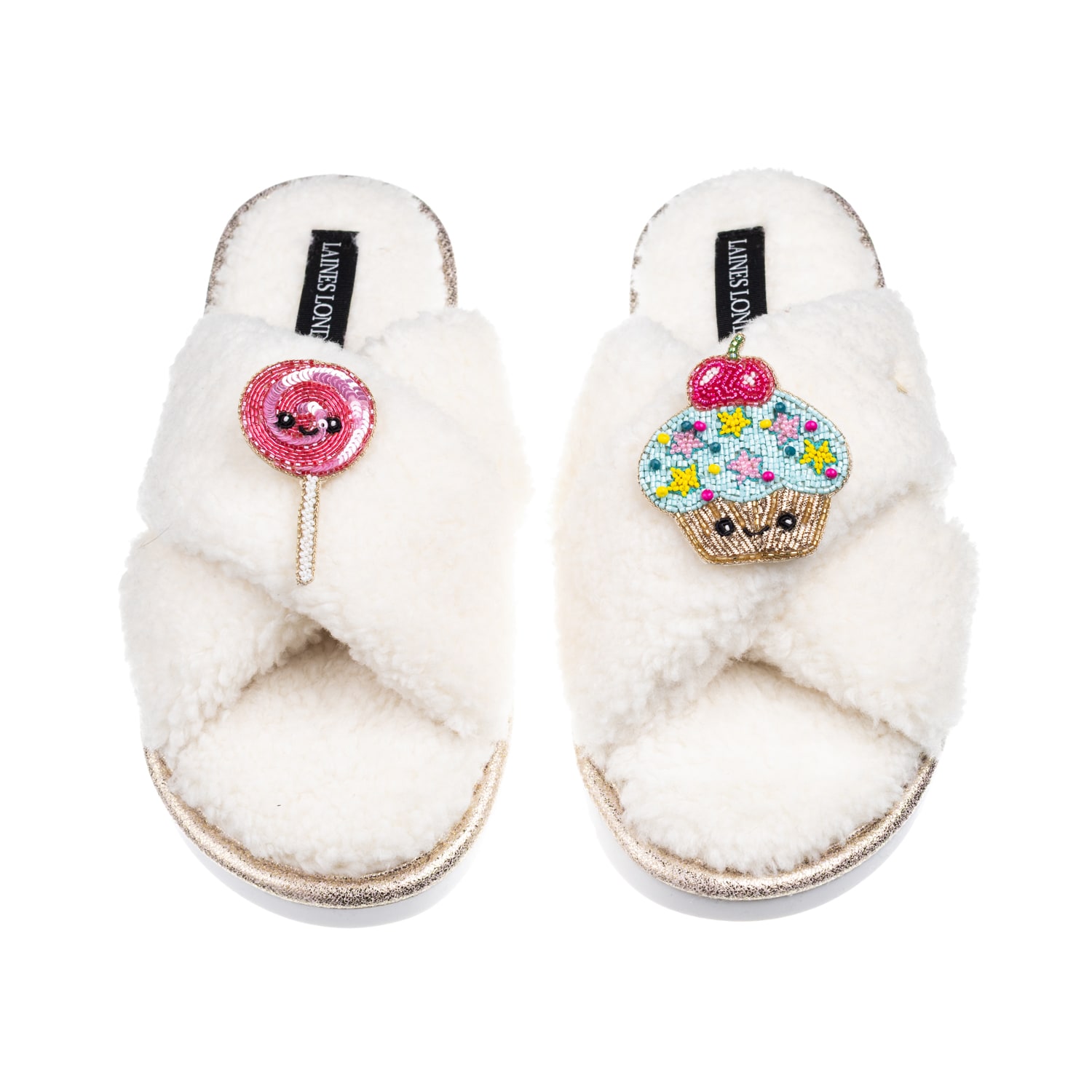 Laines London Women's Neutrals / White Laines Boucle Slippers With Laines Loveables Lollipop & Cupcake Brooches - 