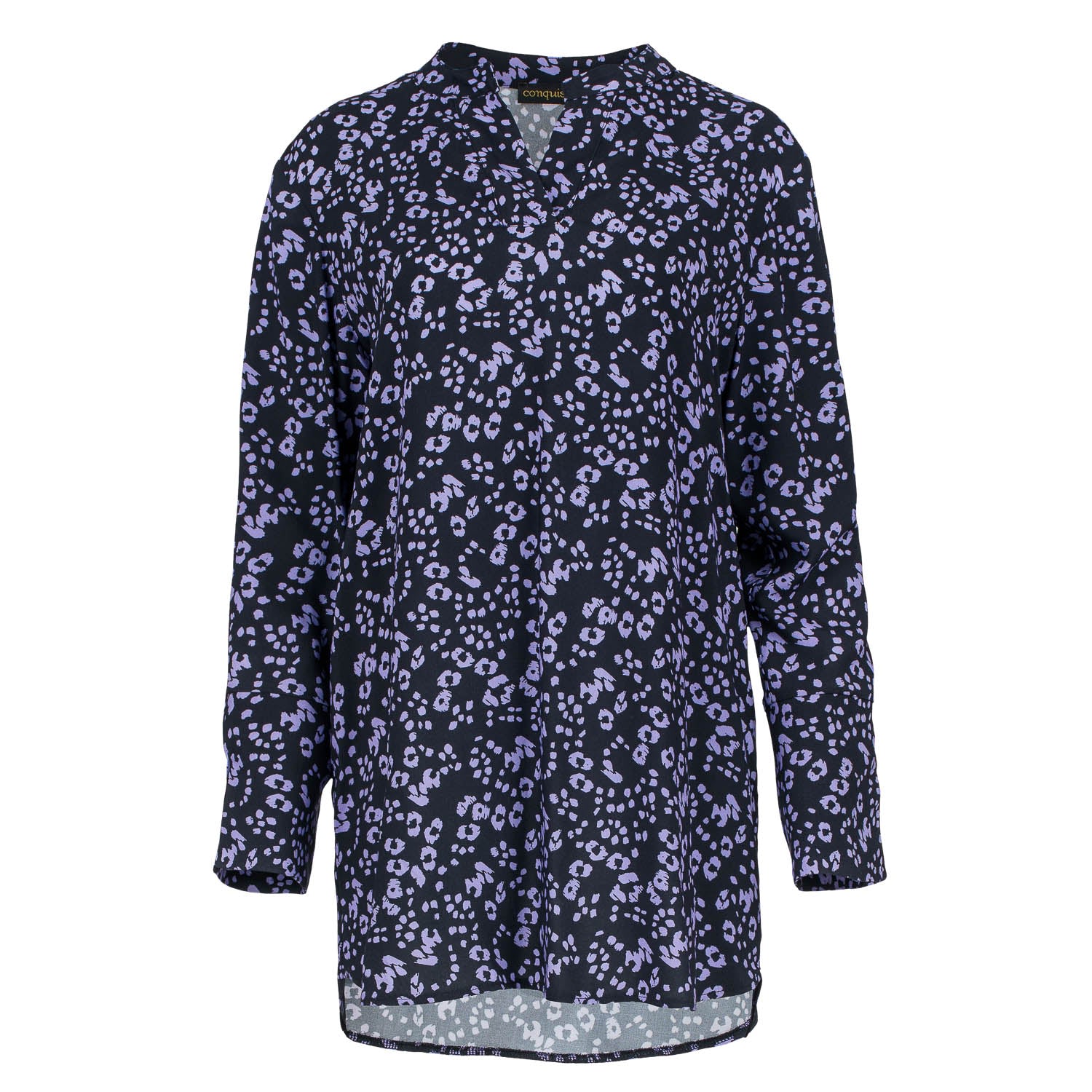 Conquista Women's Print Woven Long Sleeve Tunic With Uneven Hemline & Front V Opening