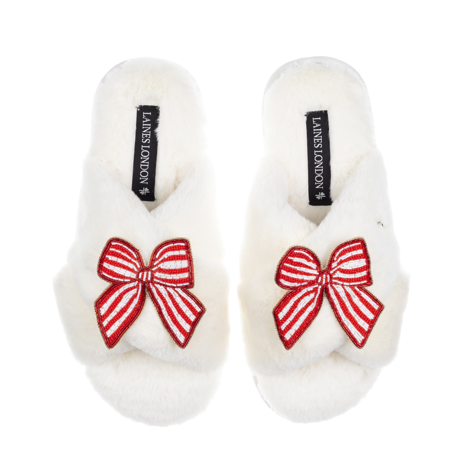 Laines London Women's Neutrals / White Classic Laines Slippers With Red Stripe Bow Brooches - Cream In White